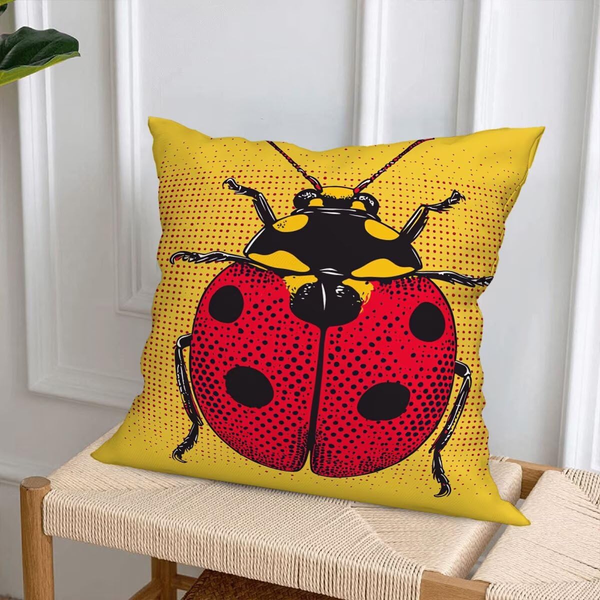 Federe Cuscino Divano 60x60, Giallo Cuscini per Divano da Esterno Set da 4, Lino Copricuscini Divanos Impermeabile, Copri Cuscini Coccinella Motivo Fronte Retro Stampato per Giardino, Balcón F-61