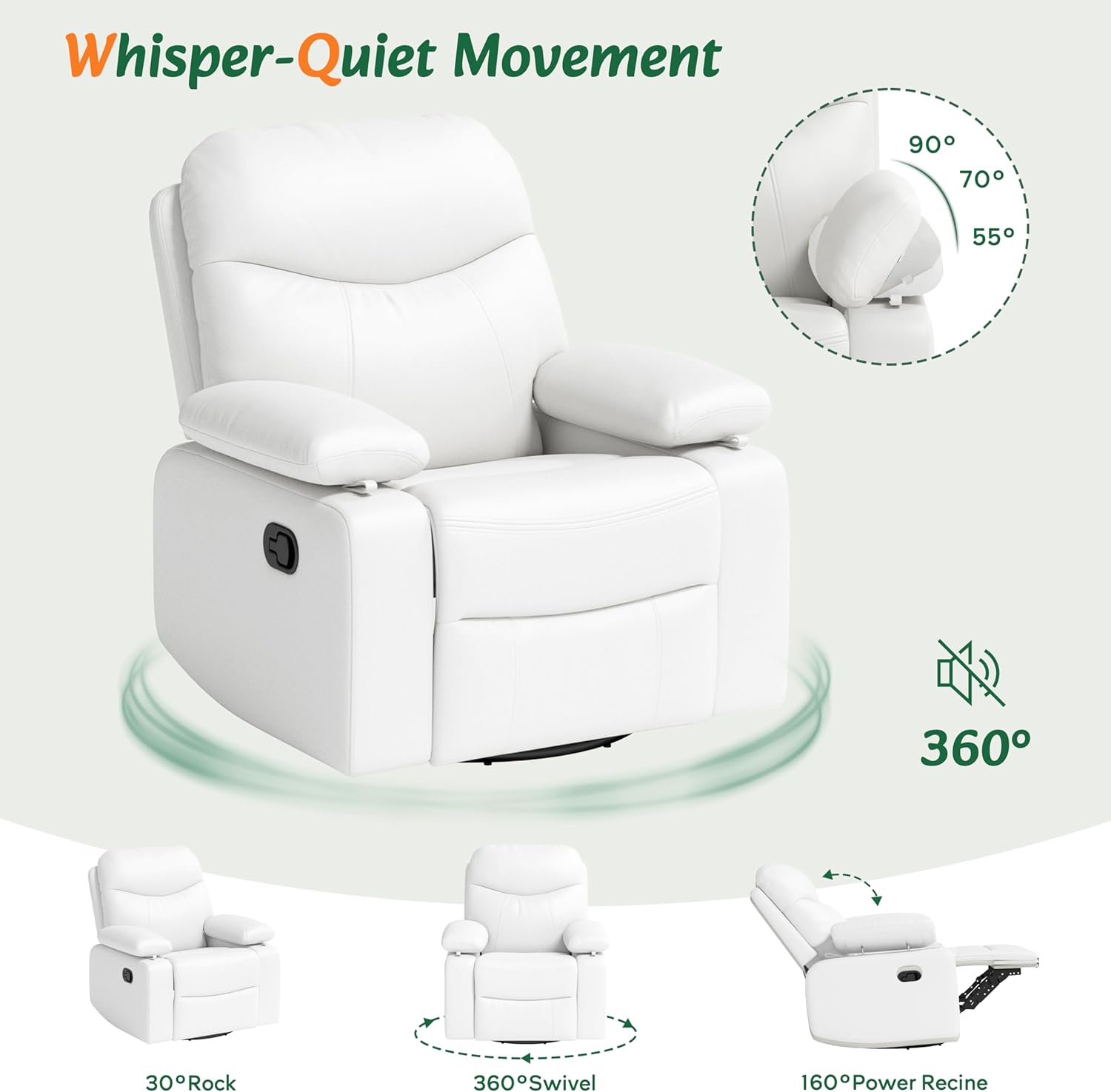 Nursery Glider Recliner with Adjustable Armrests, Oversized Comfortable Nursing Chair for Breastfeeding Moms, 360°Swivel, 90°-160° Recline, Quiet Rocking Chair Nursery for Living Room, White
