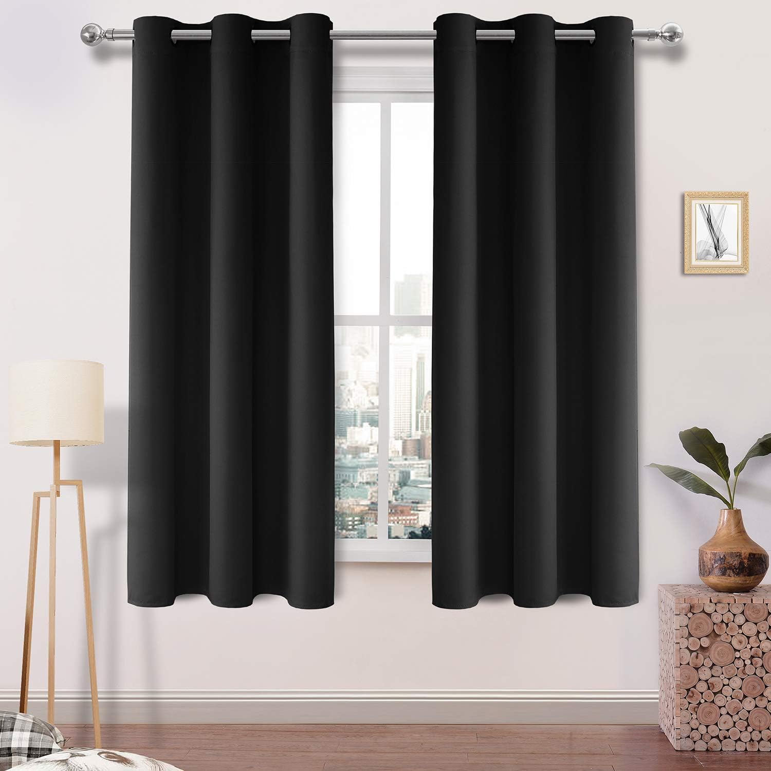 DWCN Black Blackout Curtains Blocking Light Room Darkening Thermal Insulated Grommet Window Curtain for Bedroom Living Room Privacy Solid Drapes 38 x 72 Inches Length, Set of 2 Thick Panels