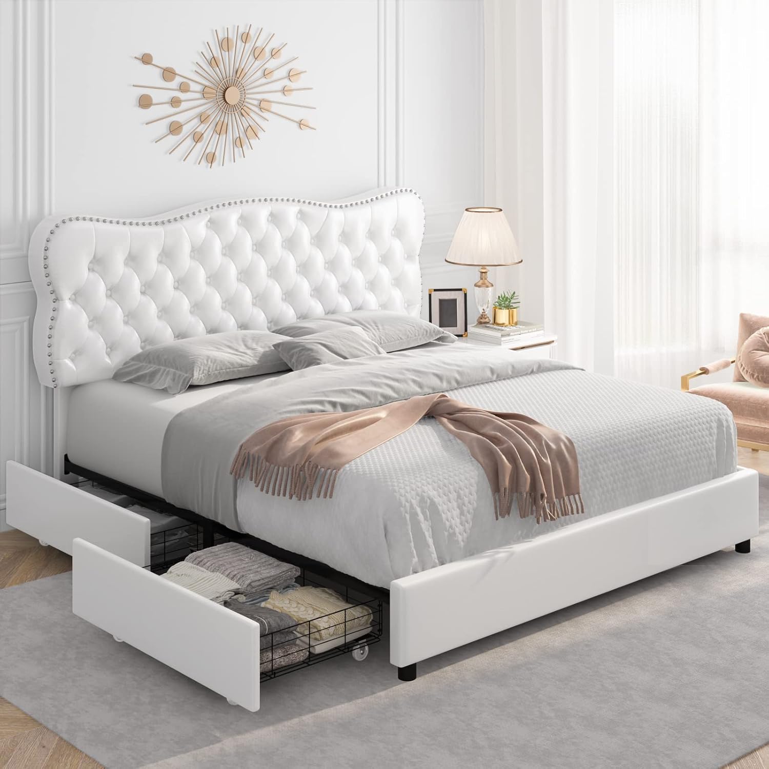 HOSTACK Bed Frame with 4 Storage Drawers, Upholstered Platform Bed Frame with Button