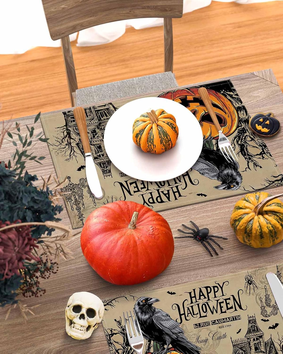 Halloween Placemat Pumpkin Crow Place Mats for Dining Room Vintage Haunted House Tree Holiday Washable Table Mats for Kitchen Dining Decor Anniversary Set of 12