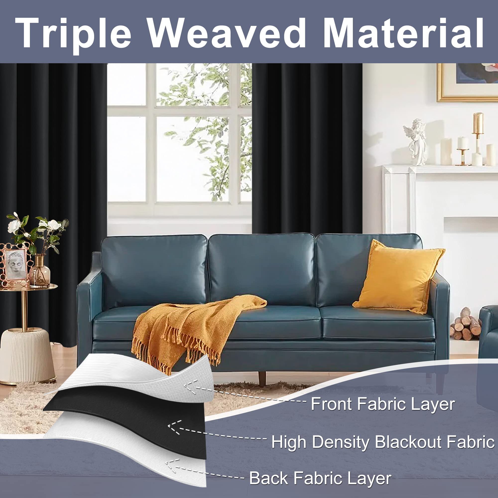 JIUZHEN Blackout Curtains for Bedroom - Thermal Insulated Room Darkening Rod Pocket Curtains for Living Room, Set of 2 Panels with Tiebacks, 42 x 84 Inch Length, Black