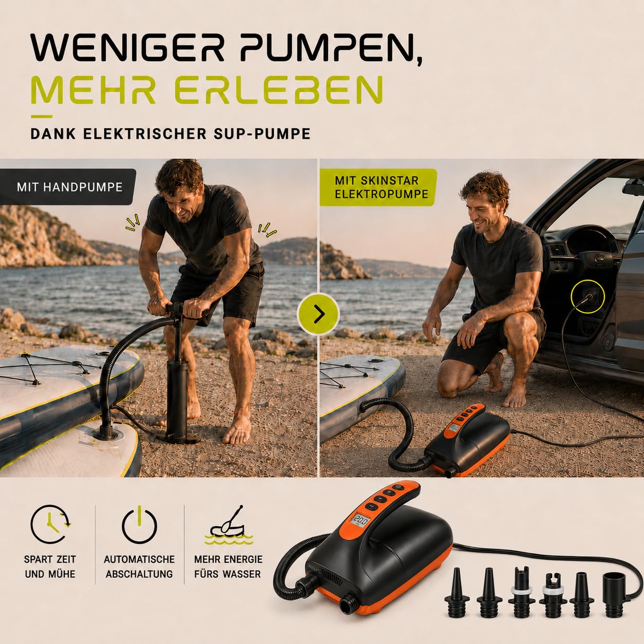 SkinStar elektrische SUP Board Pumpe 2-Stufen Kompressor Luftpumpe 20 PSI