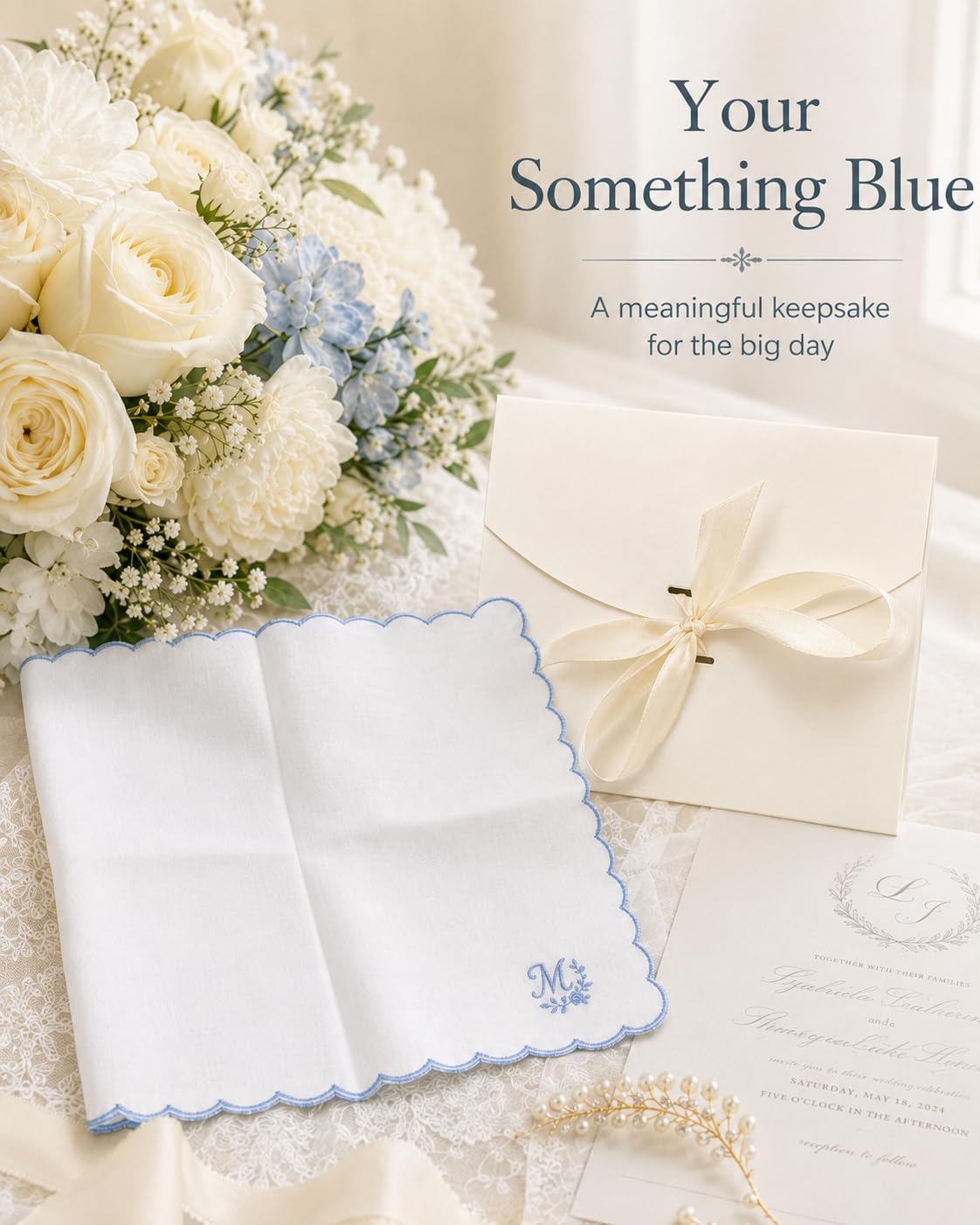 M Monogram Handkerchief, Embroidered Something Blue M Hankie, 100% Cotton
