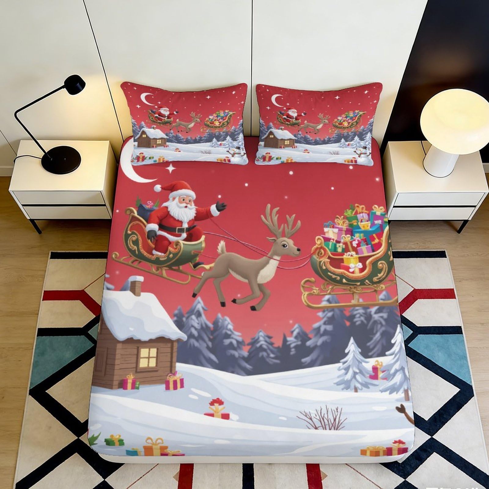 3D Printed Christmas Santa Reindeer Fitted Sheet Microfiber Red Festive Bed Cover for Bedroom Guest Room Decor 90x200x25cm