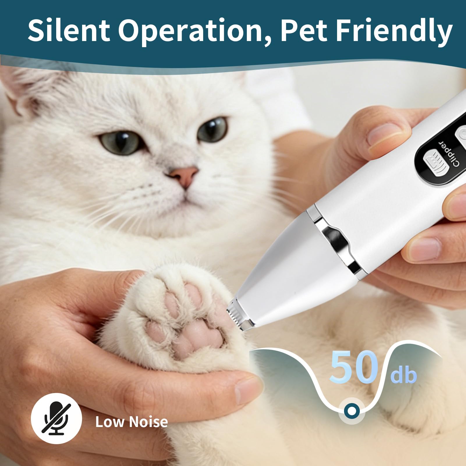 Kit Toilettage Chien 4 en 1, Tondeuse Chien et Tondeuse Chat Silencieuse Sans Fil, Tondeuse Pour Chien Professionnelle avec Écran LCD, Tondeuse Animaux pour Poils Longs et Pattes, Blanc
