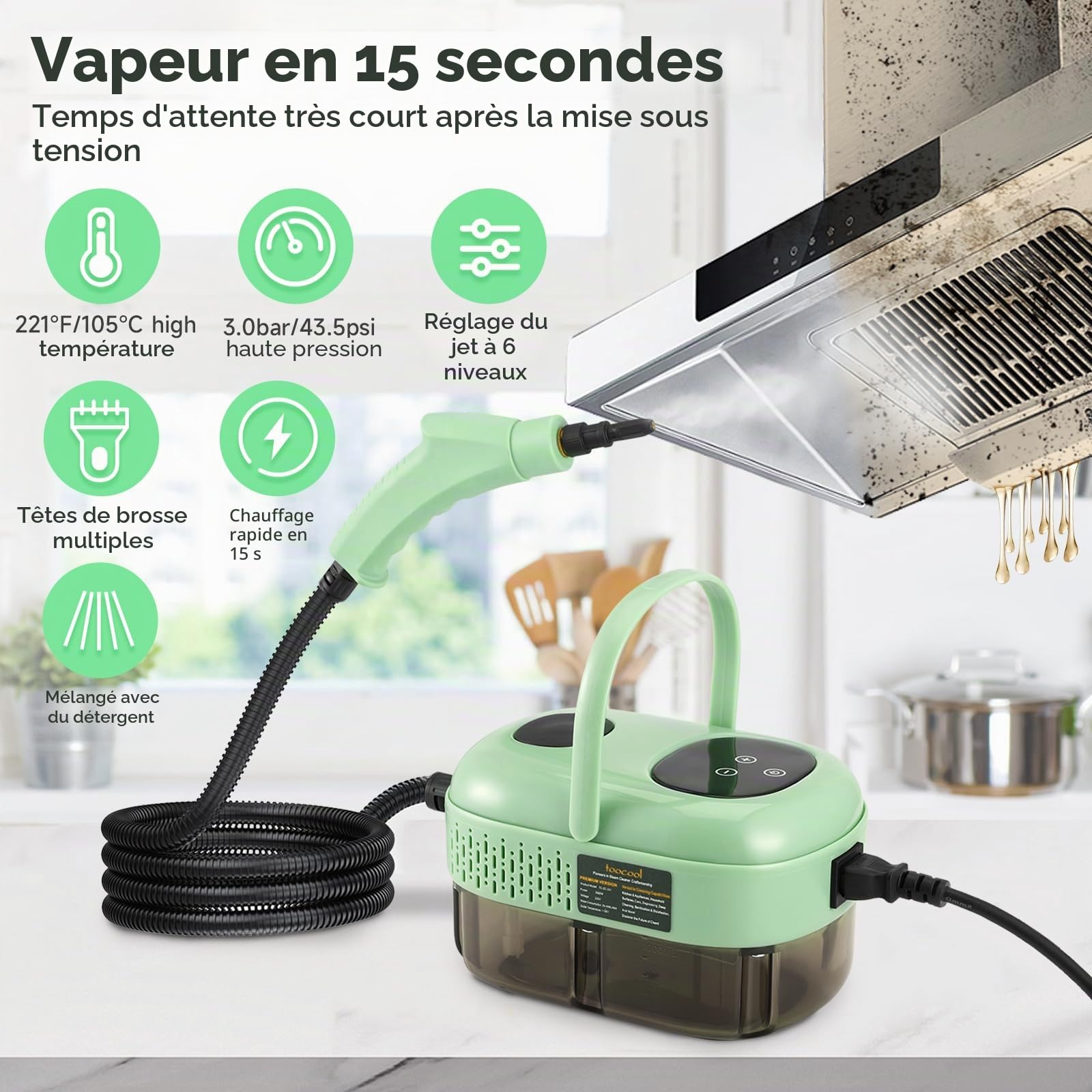 Nettoyeur vapeur portable 2500 W, 1100 ml, nettoyeur vapeur haute pression avec 3 têtes de brosse, nettoyeur vapeur manuel multifonction pour meubles de cuisine, salle de bain, voiture (nouveau vert)