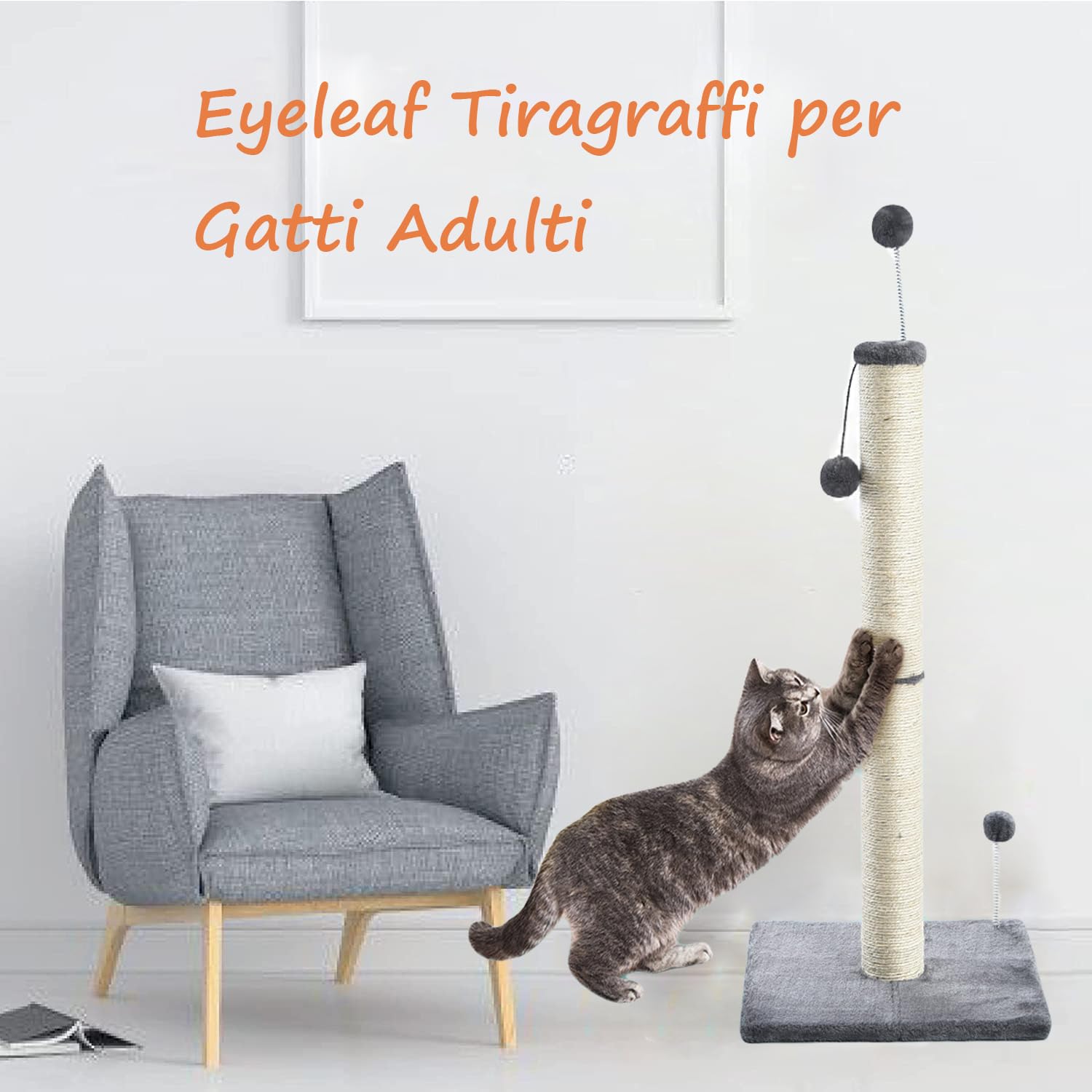 Tiragraffi per Gatti Adulti 97cm Palo in Corda di Sisal Naturale con Palla Appesa, Morbido Peluche