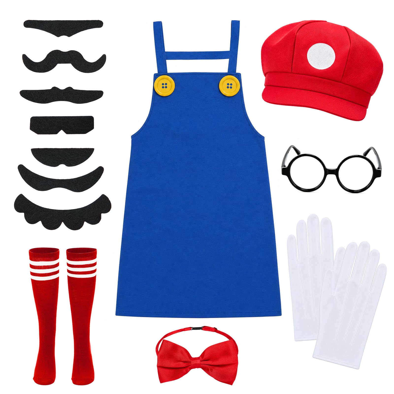 Iyxeo 13Pcs Fancy Dress Costume Set for Adults, Party Cosplay Set with Apron Hat Glasses Gloves Bow Tie Socks Novelty Fake Moustache for Halloween Cosplay Carnival Birthday Party, Red — image 1