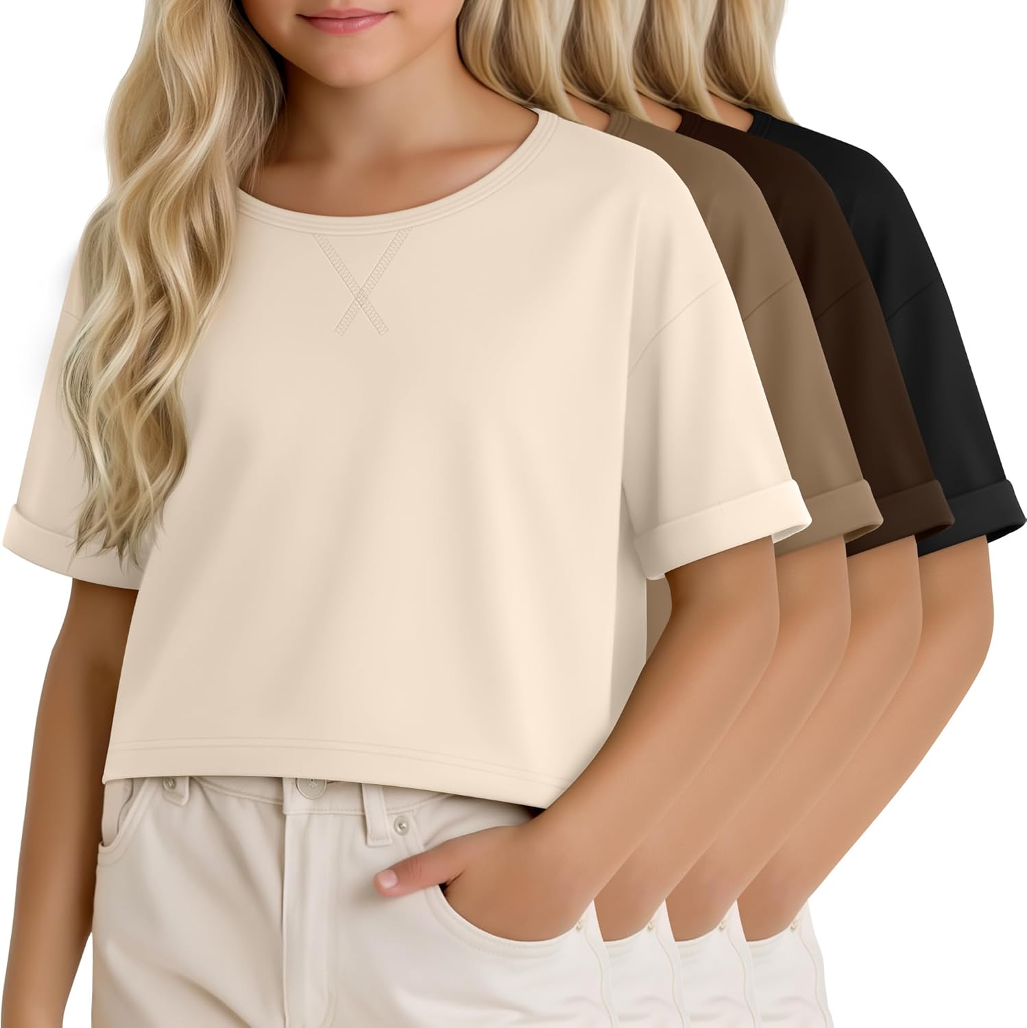 Oakgarden 4 Pack Girls Crop Tops Oversized Rolled Short Sleeve Crew Neck Shirts Kids Summer Basic Cute Tees 5-14 Years
