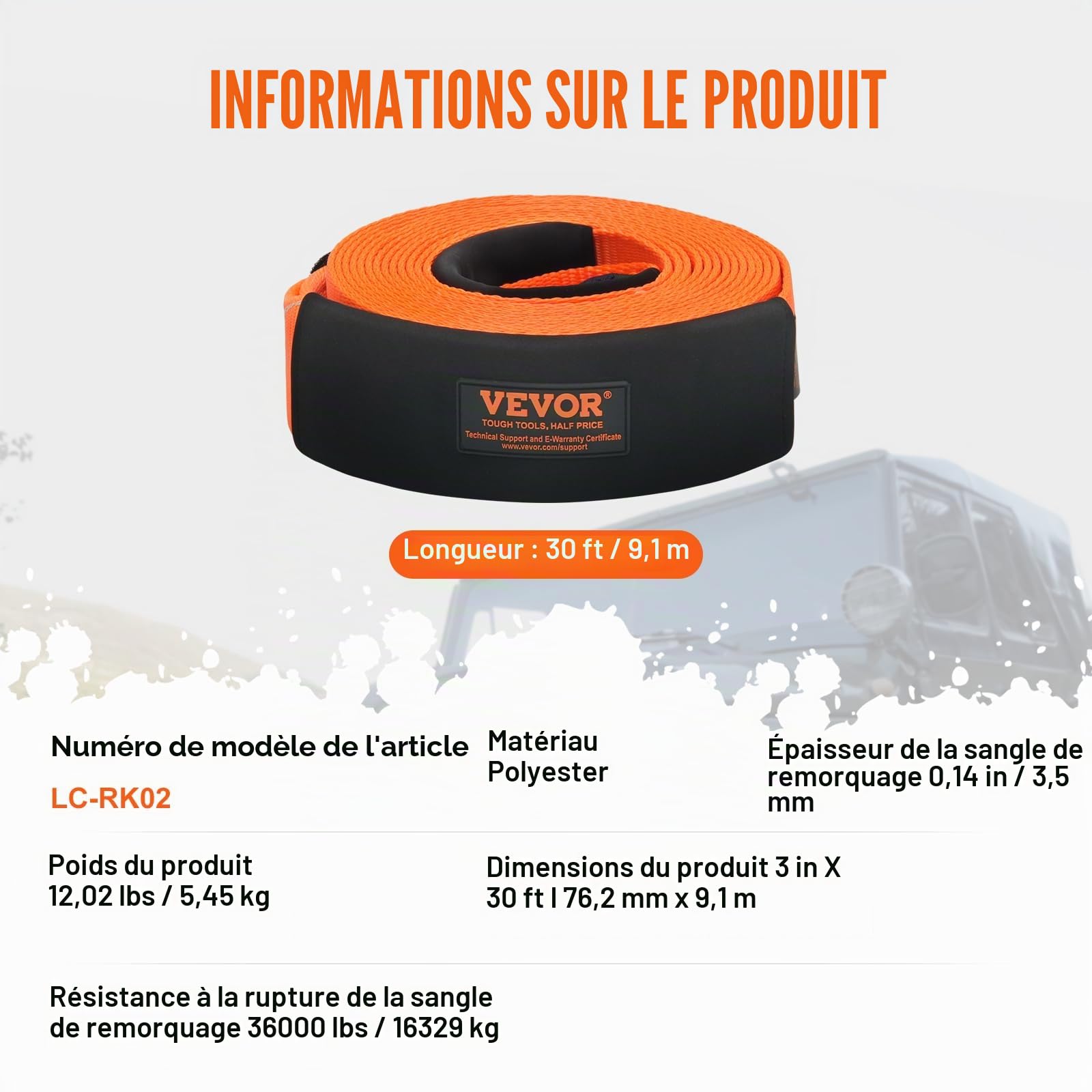 VEVOR Kit de récupération de Sangle de remorquage Robuste, 76,2 mm x 9,1 m, Corde de treuil pour protéger Les Arbres, 16329 kg, Boucle Triple renforcée, Manchons de Protection, pour Camion Jeep SUV