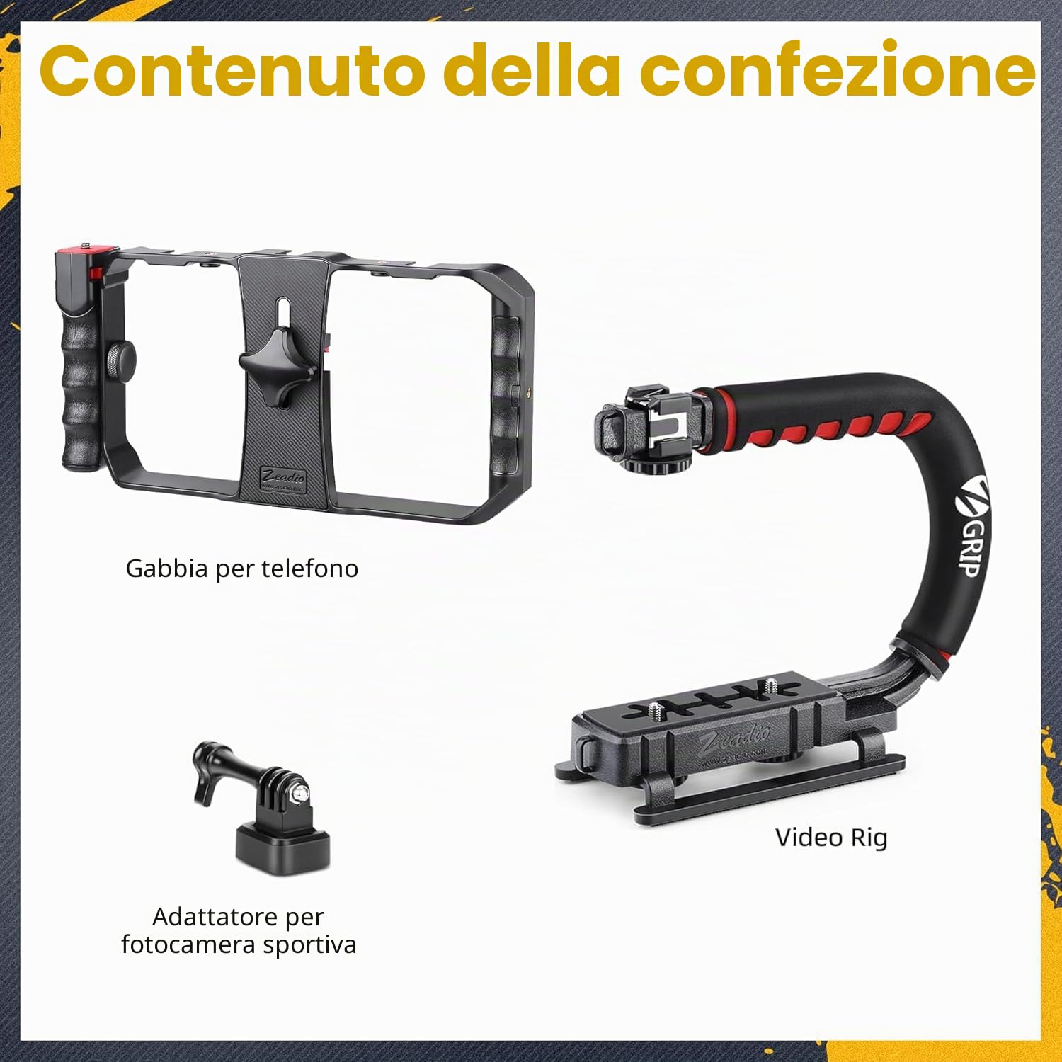 Zeadio Stabilizzatore video portatile per videocamera d’azione con supporto video per smartphone per tutte le videocamere d’azione, videocamere e smartphone