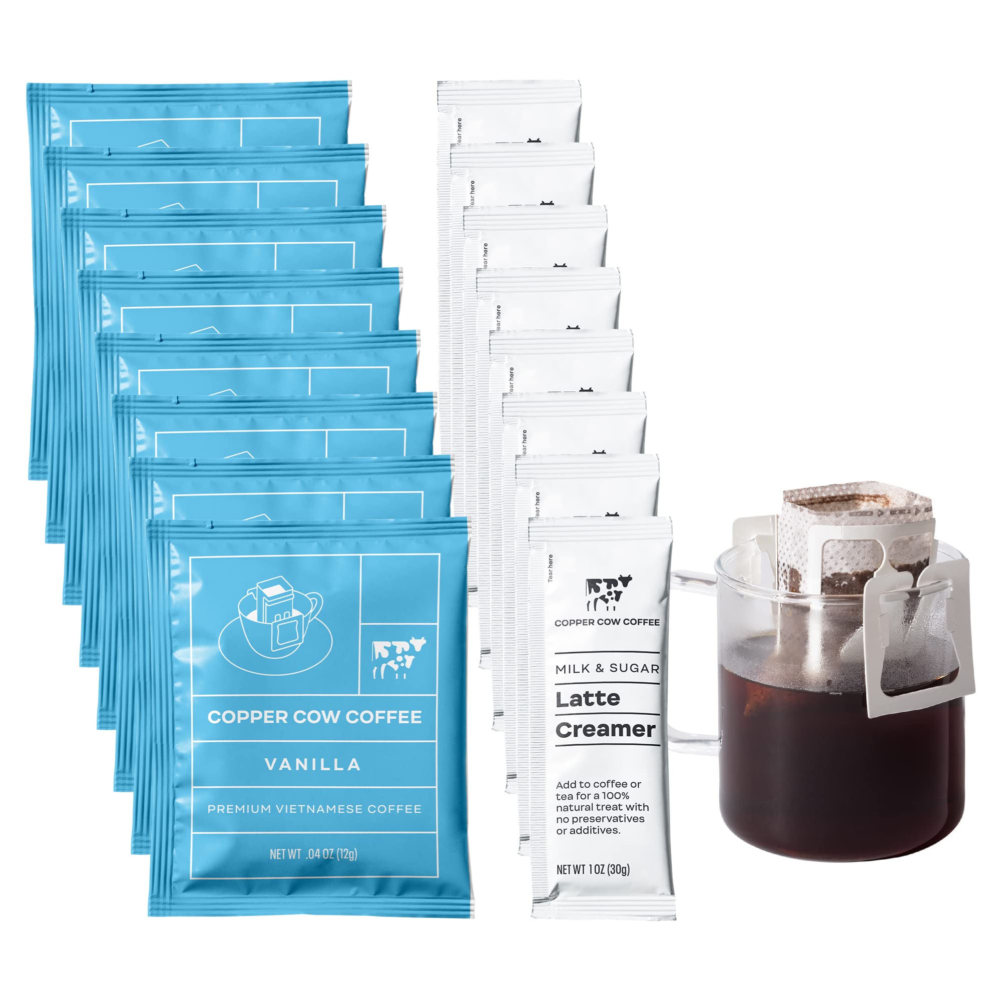 Copper Cow Coffee Premium Vietnamese Coffee: Single-Serve Vanilla Coffees (includes: 8 Vanilla Coffees + 8 Sweetened Condensed Milk Creamers)