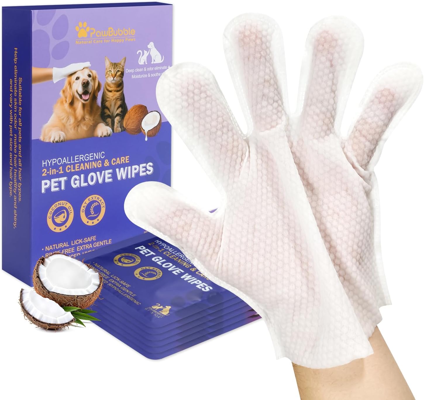 Pet Wipes, Cleaning Glove Wipes for Dogs & Cats Hypoallergenic, Lick-Safe, Full-Body Grooming & Deodorizing Wipes for Daily Care & Travel Friendly (6 Packs)