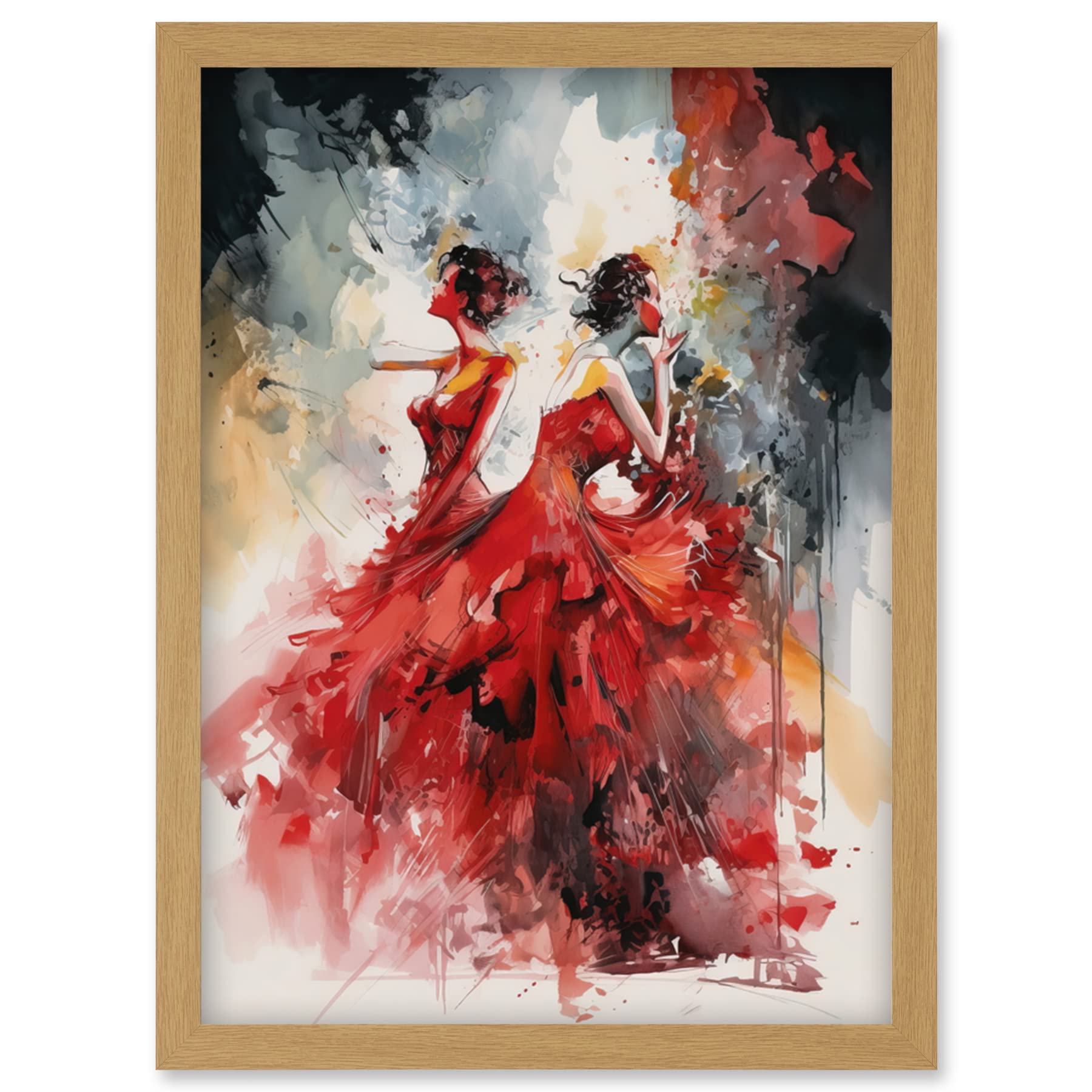 Artery8 Flamenco Music Female Dancers Dancing on Stage in Red Dresses Modern Watercolour Painting Artwork Framed Wall Art Print A4