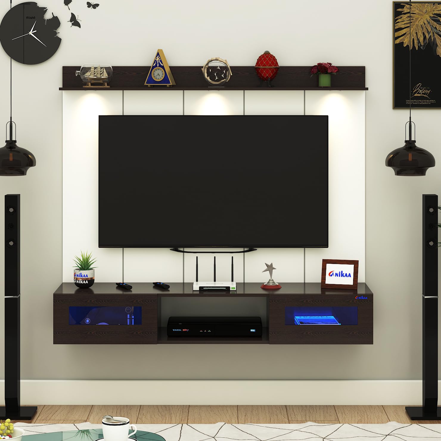 FURNIWUD Orilo Wall Mounted PVC Back Panel TV Unit with Spot & Blue Ambient LED Light - Acrylic Storage Box, Display Shelf & Soft-Close Hinges | Ideal for UP to 50 Inch TV (Wenge - DIY Installation)-image-35