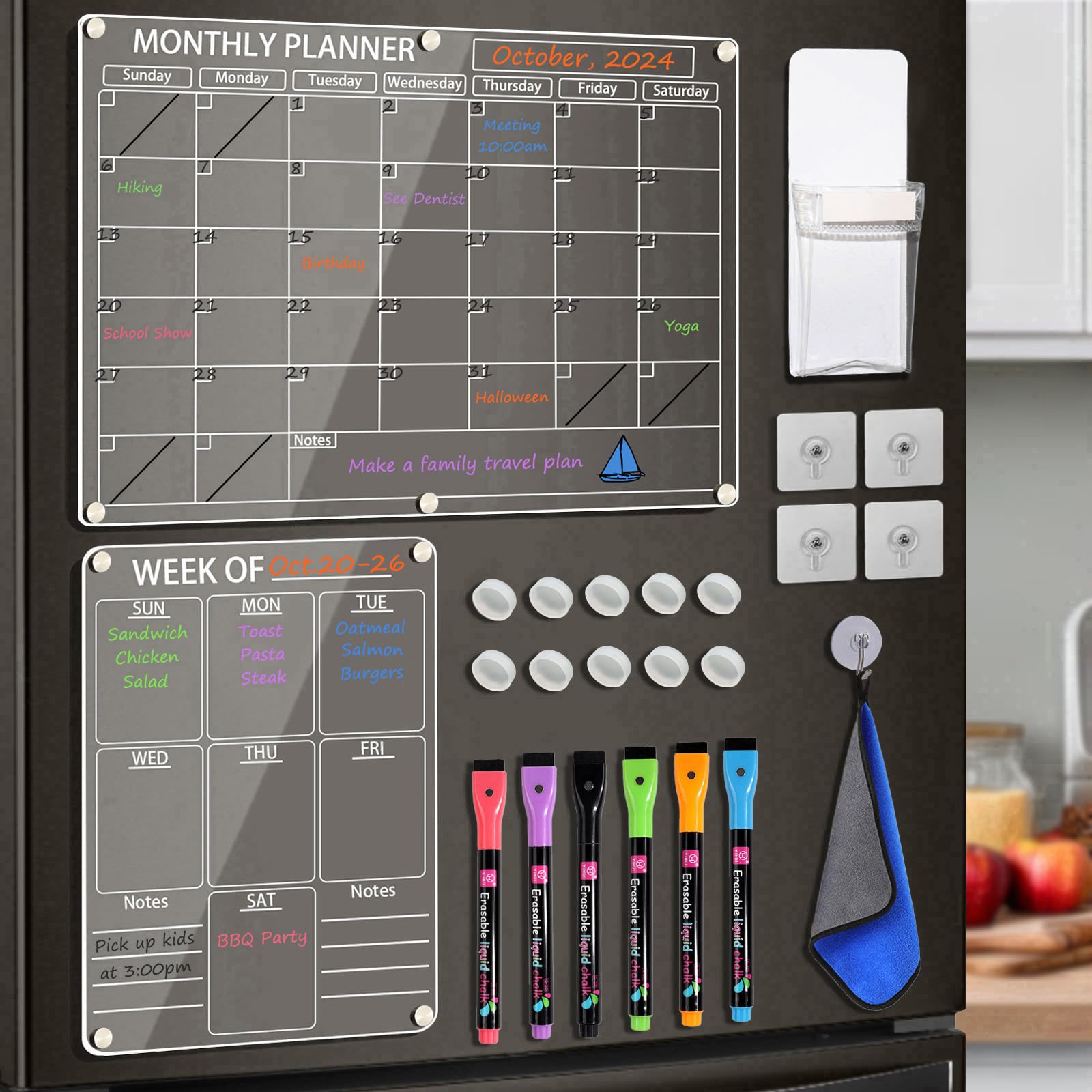 Acryl Magnetischer Kalender für Kühlschrank, 2 Stück, Transparenter Abwischbar Monats- und Wochenkalender Planungstafel für Kühlschrank, mit 6 Farbmarkern, Stifthalter und Handtuch