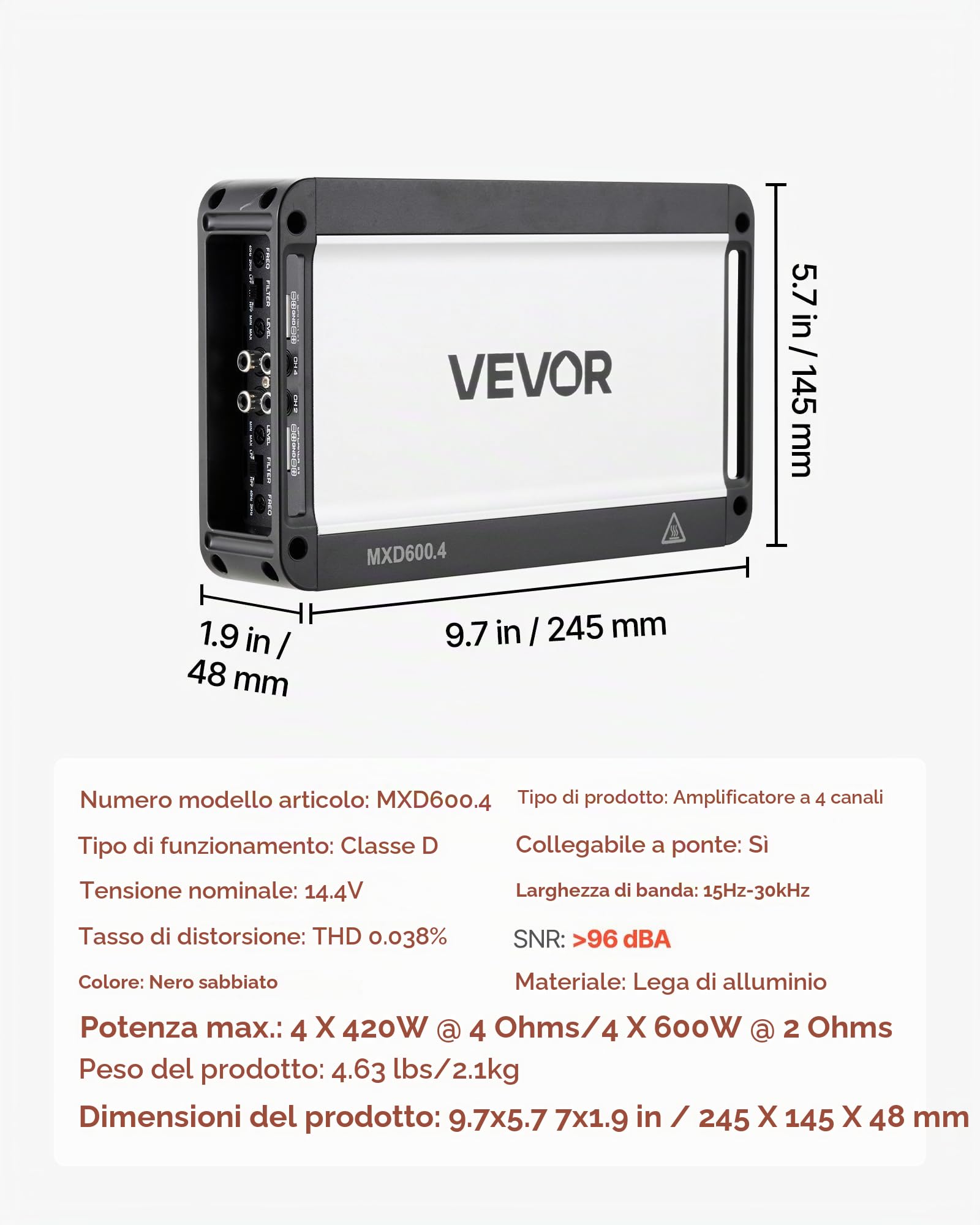 VEVOR Amplificatore Audio per Auto a 4 Canali Potenza a Ponte di Classe D max. 4x420 W a 4 Ohm/4x 600 W a 2 Ohm, Amplificatore per Veicoli Multicanale 14,4V CC Larghezza di Banda 15 Hz-30 kHz
