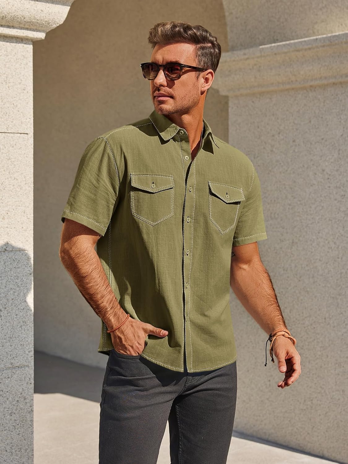 Runcati Mens Button Down Shirts Short Sleeve Casual Cotton Linen Shirt Western Cowboy Tops with Pockets - Image 4