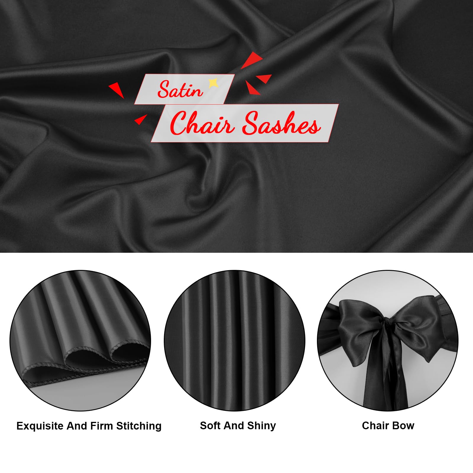 Lot de 50 nœuds universels en satin noir pour chaise de mariage, réception, événements, banquets, hôtel, événements, décoration de chaise (champagne, 17,8 x 274,3 cm)