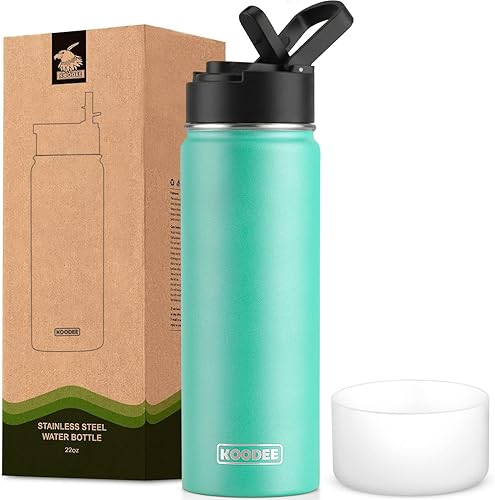 Miniatura 46 de koodee Botella de agua de 16 onzas de acero inoxidable de doble pared aislada al vacío, botella de agua de boca ancha con tapa de popote a prueba de