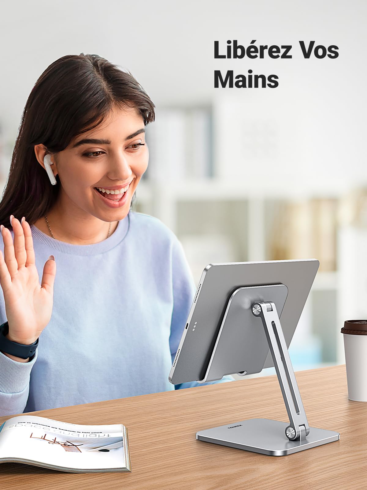 UGREEN Support Tablette Bureau Réglable Double Tige - Porte Téléphone Pliable Aluminium, Compatible IPad Pro/Air/Mini & IPhone 16 (Gris)