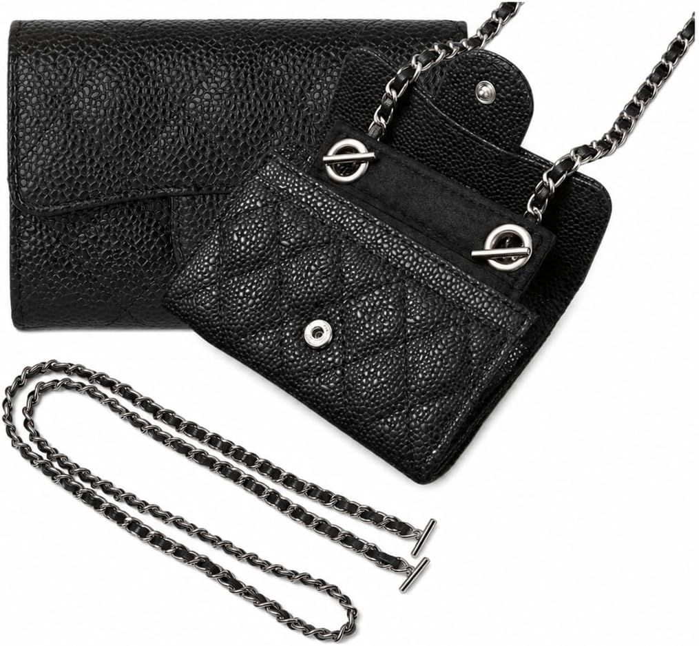 Divitize Premium Conversion Kit compatible with Small Flap Wallet Insert — Crossbody Perfect Fit, Wallet on Chain WOC with 120cm - 47" Silver/Gold Chain, 24+ Shades (120cm Silver Leather Chain, Black)