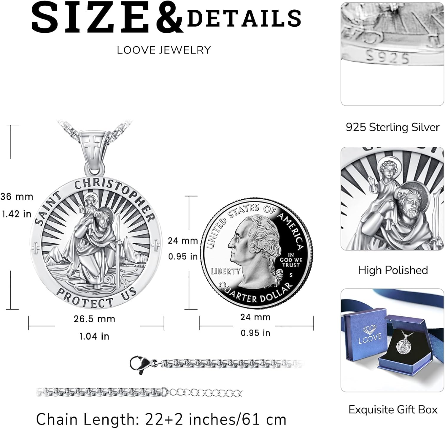 Patron Saint Medals Amulet Necklace 925 Sterling Silver Protection Jewelry for Men Women with 20"/22"+2" Rolo Chain - Image 4