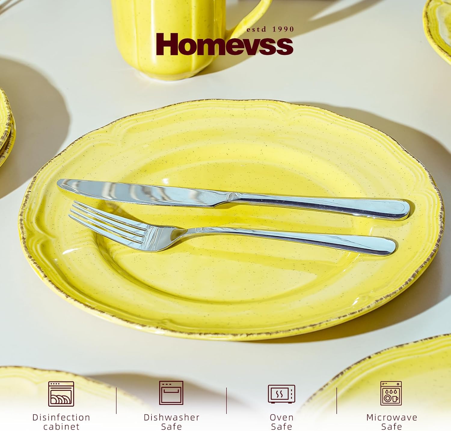 20pc Dinnerware Set, Plate and Bowl Set, Stoneware Dishes Set for 4, Microwave and Dishwahser Safe, Scratch Resistant, French Countryside Speckled Antique Yellow