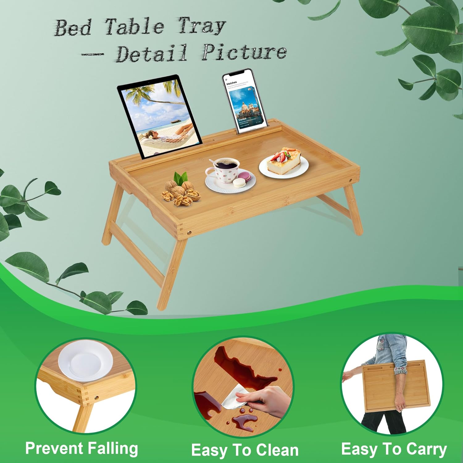 Bed Tray Table with Foldable Legs, Breakfast Food Trays for Eating on Couch with Media Slot for Bed, Eating, TV Tray, Kitchen Serving Tray (Bamboo + Black + White, Medium)