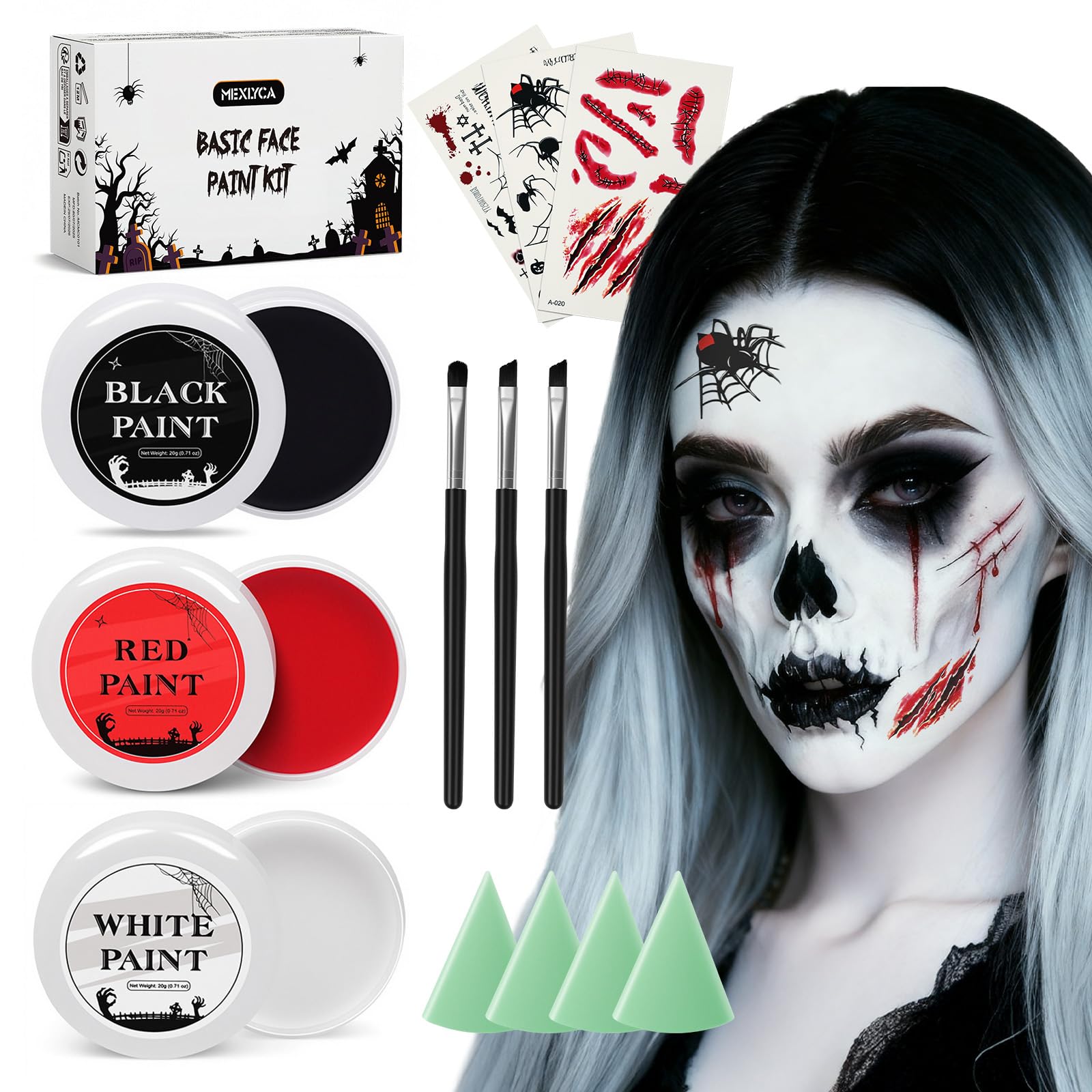 Halloween Effects Makeup Kit, Red Black White Face Paint, Makeup with Tri-color Tattoo Stickers, Sponges, Brushes, Perfect for Halloween Zombie Vampire Skeleton white+black+red