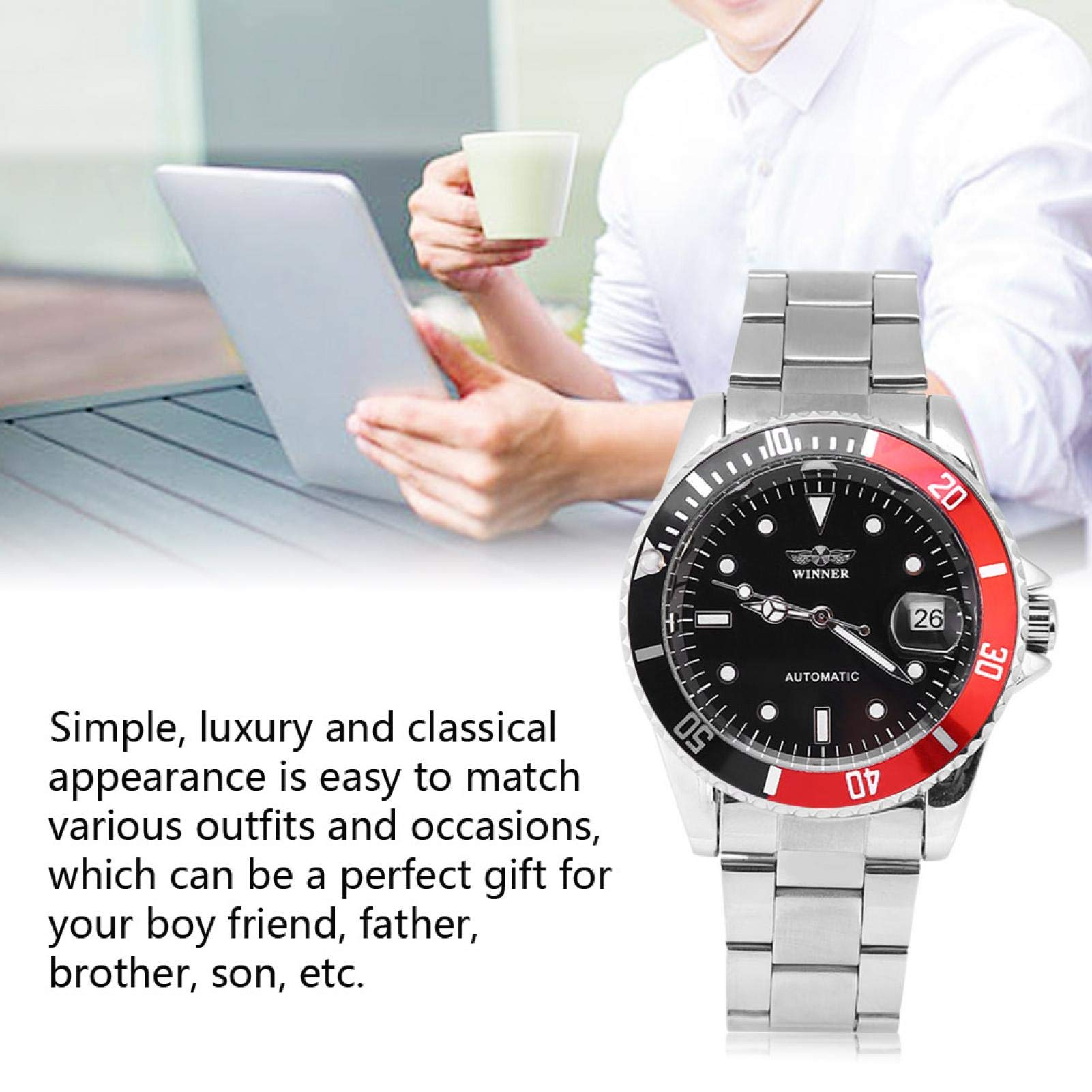 Rot Schwarz Silber Automatische Herrenuhr für Sport und Business mit Edelstahl Armband
