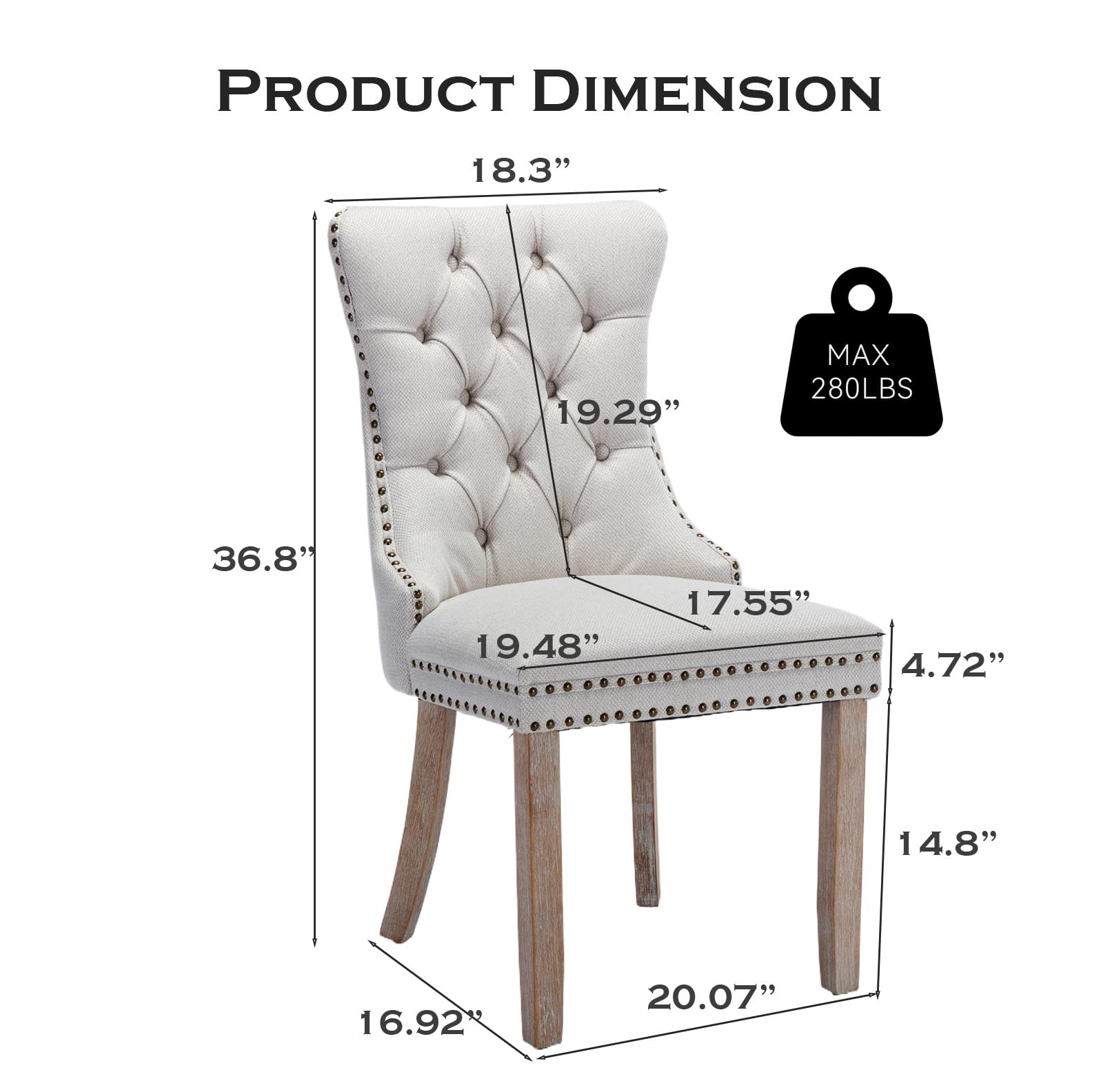 Lot de 6 chaises de Salle à Manger rembourrées en Lin de Style Moderne avec Garniture en Clou et Pied en Bois, Anneau de Traction en métal pour Salle à Manger, Salon (Beige)