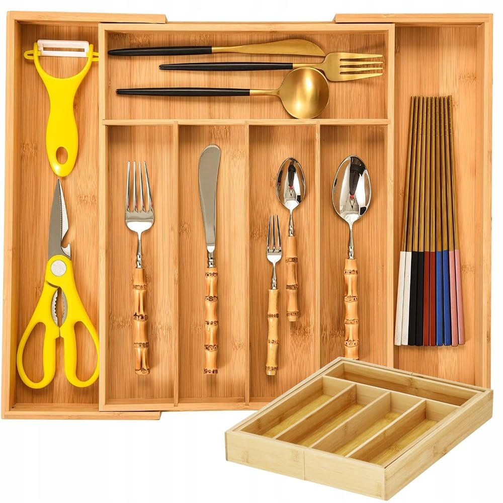 Organizer in BAMBU' Cassetti Posate, 7 Scomparti, Estensibile Fino a 39x37 Cm, Organizzatore Vassoio Cassetto Espandibile Utensili, Posate Utensili Ordine in Cucina, Coltelli Forchette Cucchiai,