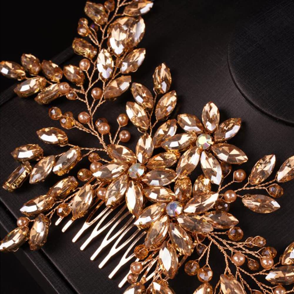 Teyglen Women Dainty Large Champagne Rhinestones Flower Crystal Pearls Bridal Wedding Hair Comb Headband Luxurious Shiny Hair Accessories for Bride and Girls (champagne)
