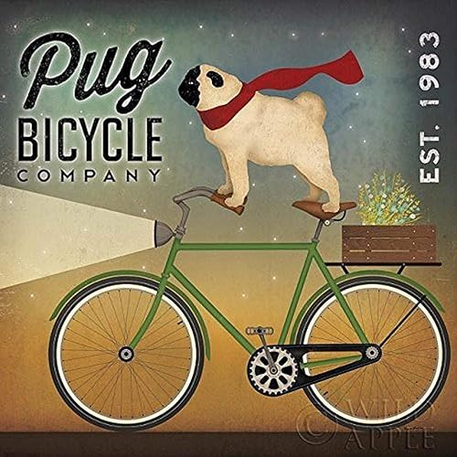 Buyartforless Póster de Pug on a Bicycle Company por Ryan Fowler (12 x 12 pulgadas), diseño de perros