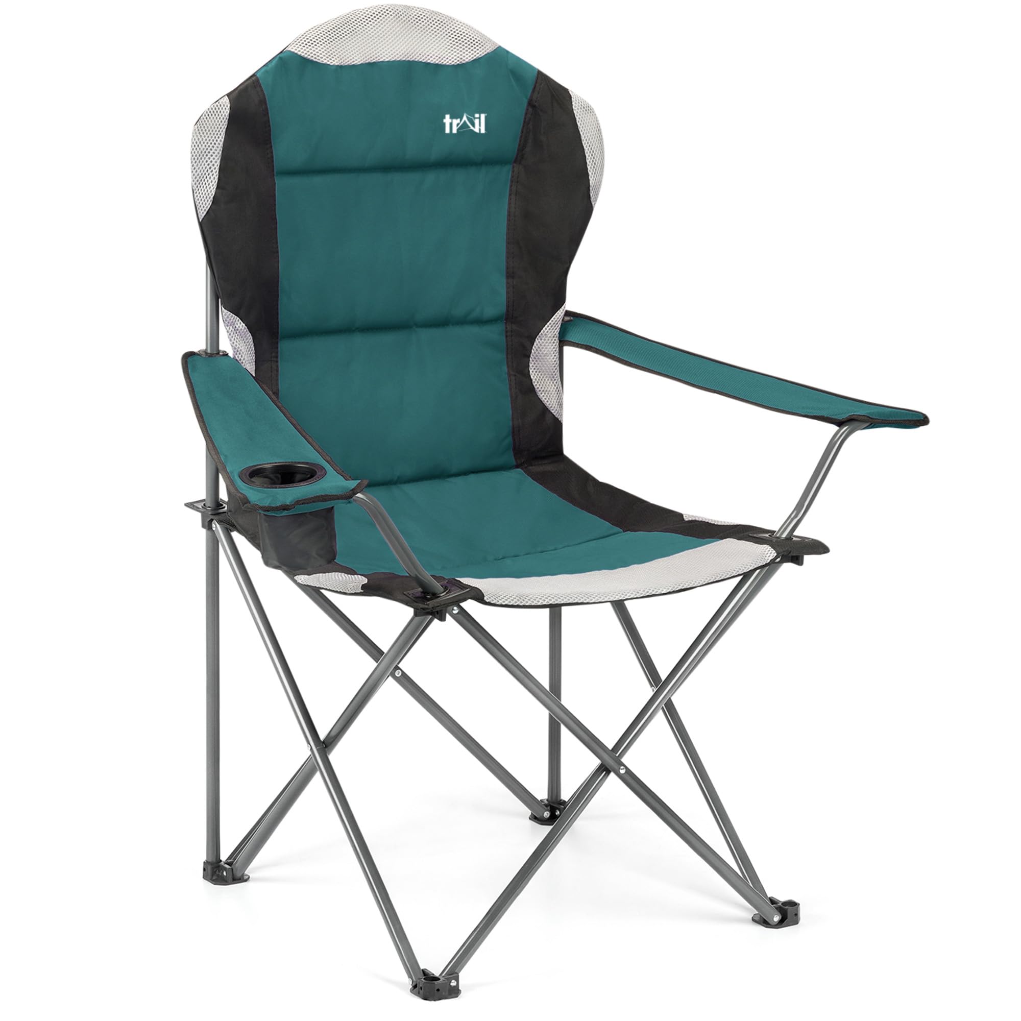 Trail Kestrel High Back Folding Camping Chair, Luxury Padded Seat with Breathable Mesh, Heavy Duty Tubular Steel Frame, Cup Holder Armrest, Lightweight & Portable with Carry Bag (Teal)