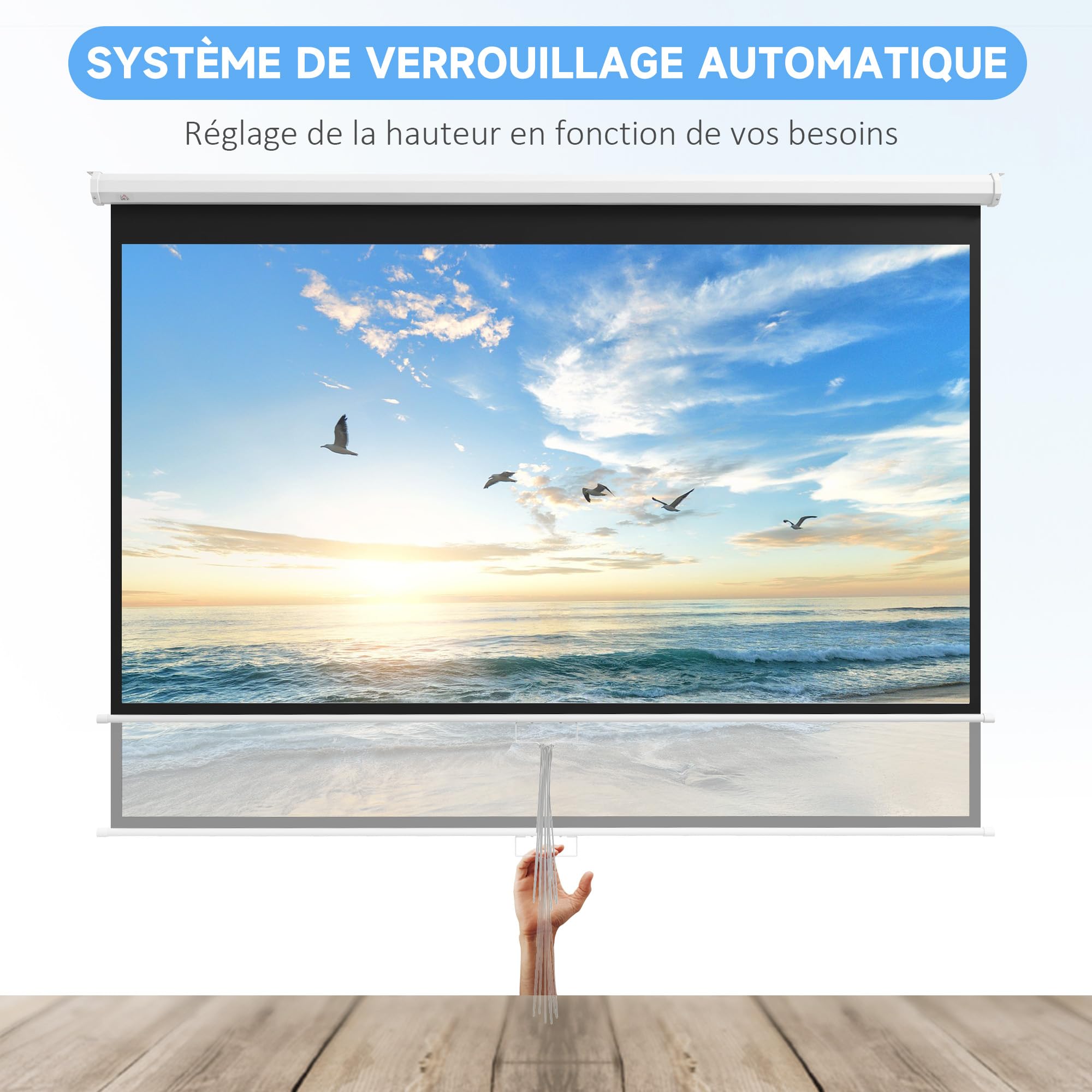 HOMCOM Écran de Projection de 120 Pouces, écran vidéoprojecteur, pour Home cinéma, 16:9 4K HD, Fixation Mur ou Plafond, 283 x 8 x 192 cm, Blanc