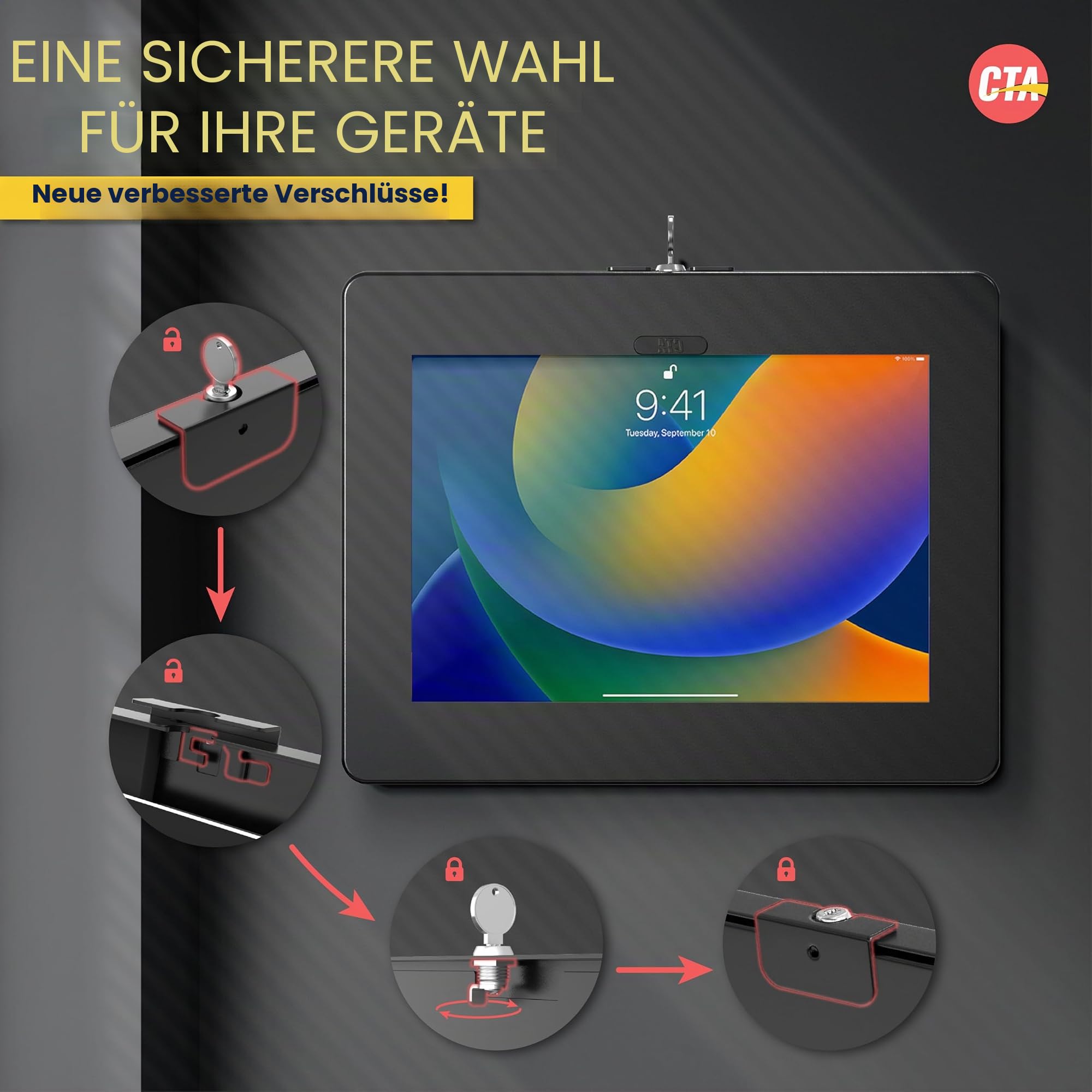 CTA Verriegelbare Anti-Diebstahl-Tablet-Wandhalterung für iPad 10. Generation 11 Zoll, 7./8./9. Gen, Air 4 - Kompatibel Mit Galaxy Tab, Lenovo Tab 4, Zebra Tablets & Mehr