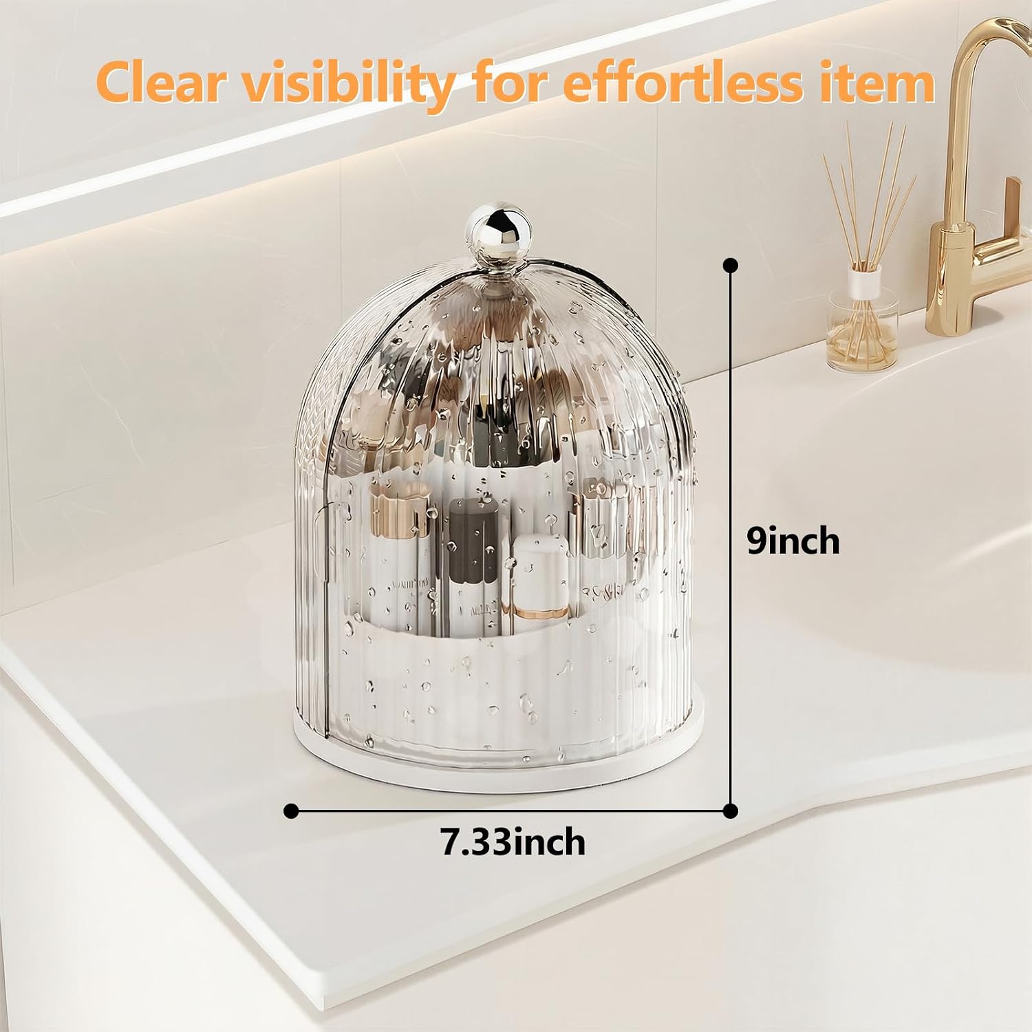 Makeup Brush Holder with Lid, 360° Rotating Cosmetic Organizer for Vanity, Covered Beauty Brushes Holder for Bathroom, Skincare Storage for Corner Countertop