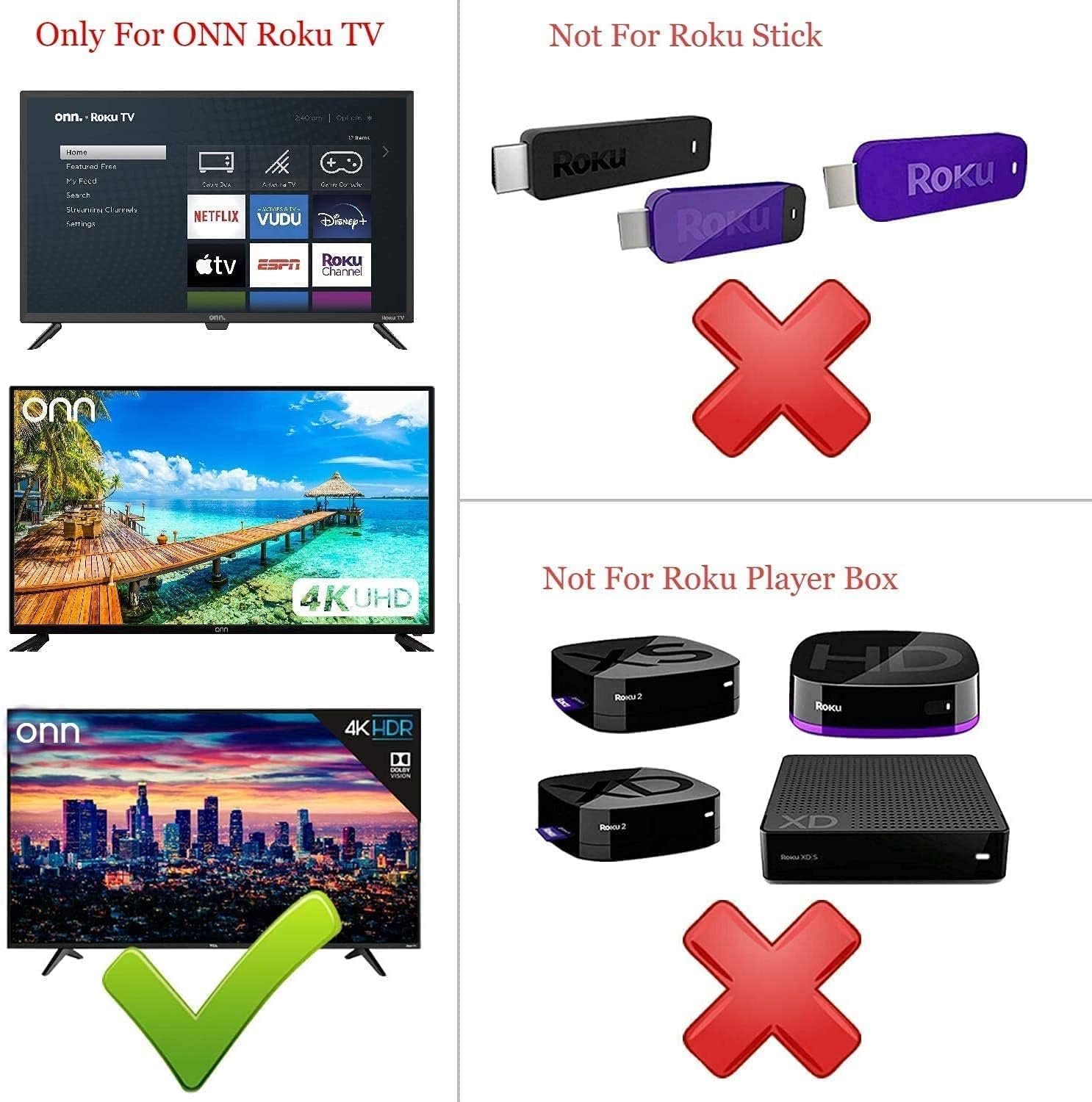 Compatibility chart showing Onn Roku TVs as compatible and Roku Sticks/Boxes as incompatible.