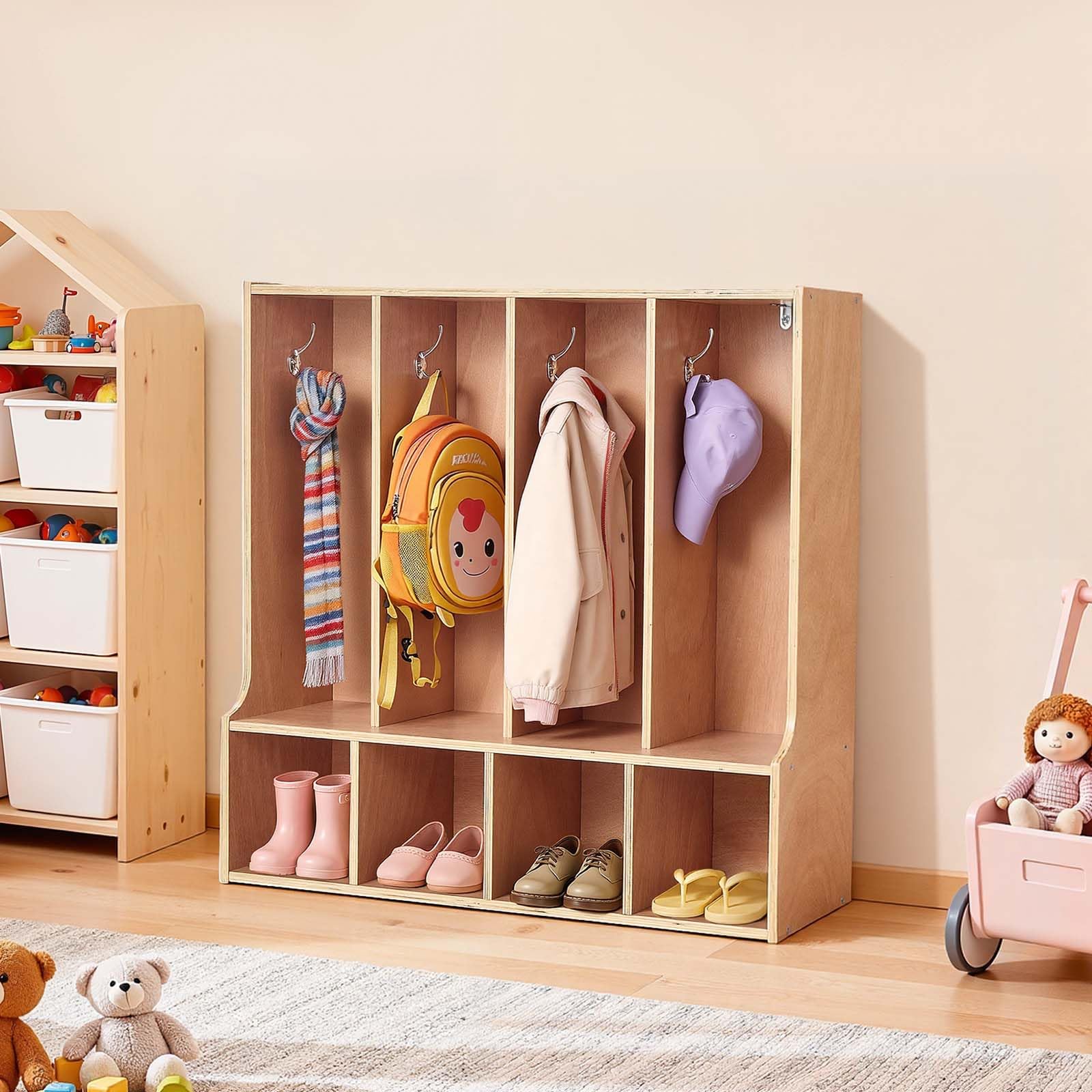 VEVOR Vestiaire 4 Enfants Ouvert, Penderie pour Enfants en Bois, Rangement pour Crèche Maternelle Garderie Maison, Meuble d'accueil Scolaire avec Casiers à Manteaux et à Chaussures, 8 Crochets