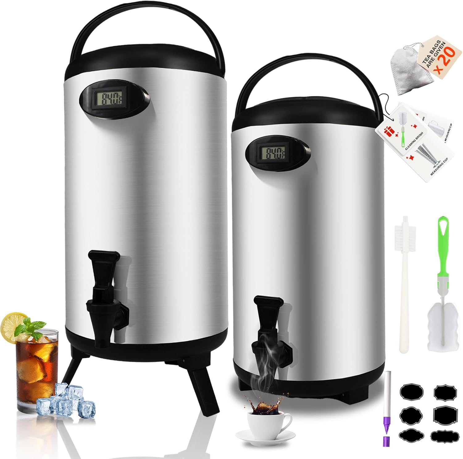 Insulated Beverage Dispenser 2 Gallon, Hot Drink Dispenser with 304 Stainless Steel Interior, Hot Water Dispenser for Parties, Hot Water Urn with Stand for Coffee Chocolate Tea, 2 Pack, NEW 2 Gallon-2 Pack Silver