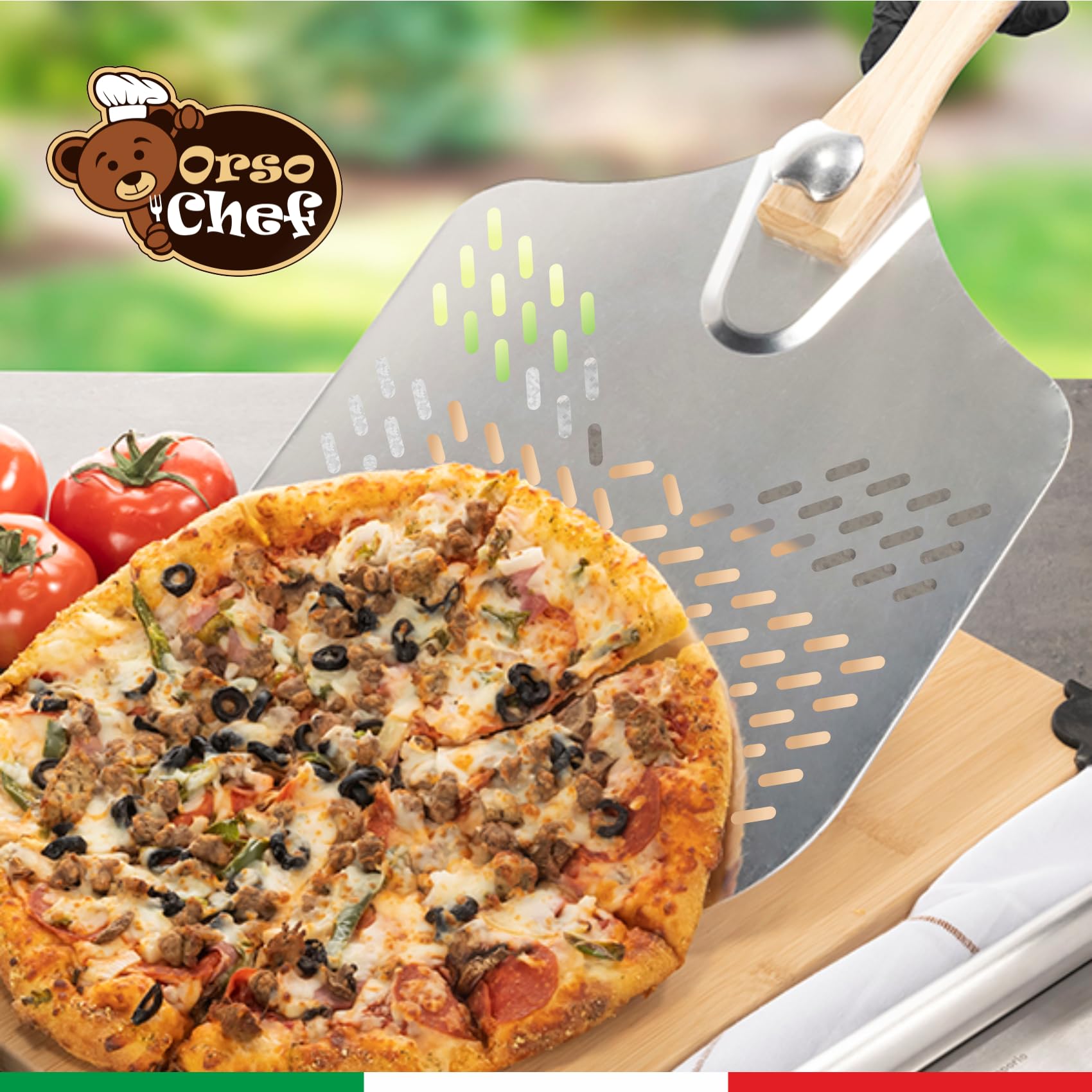 Pelle à pizza perforée - Pelle à pizza en aluminium - Avec manche pliable, professionnelle, nouvelle perforation professionnelle, robuste jusqu'à 4 kg. - Pour cuire du pain, des pizzas et des gâteaux.