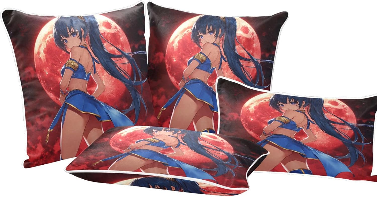 Decorative Anime-Style Beauty Red Moon Background Body Throw Pillow Covers 2 PCs for Living Room Bed Sofa