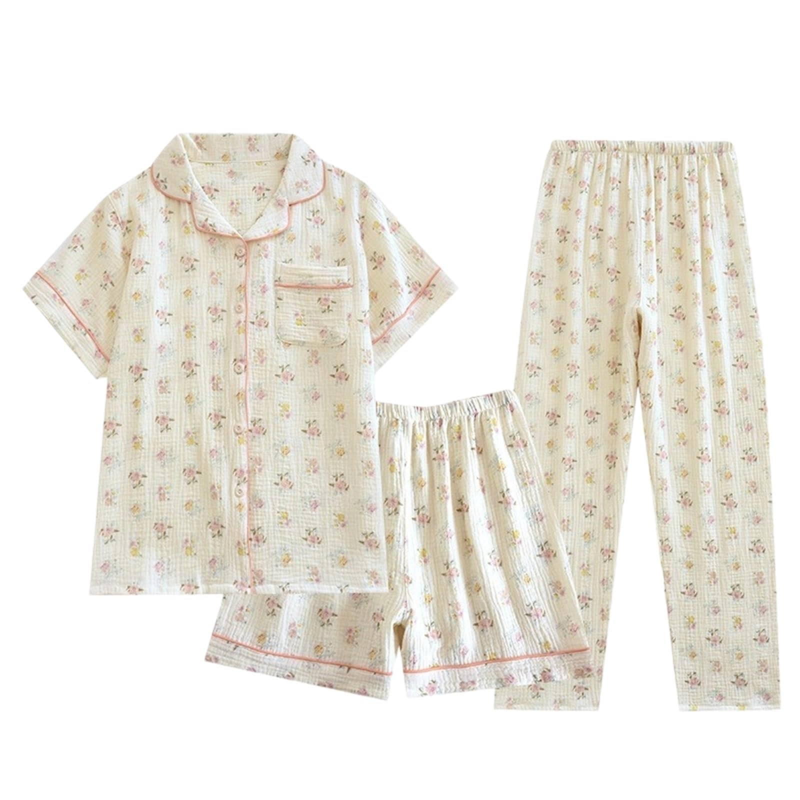 Generisch Leichtes Pyjama-Set für Damen kurzärmelig Lange Hose Nachtwäsche Blumendruck bequemes Heimoutfit Frühling