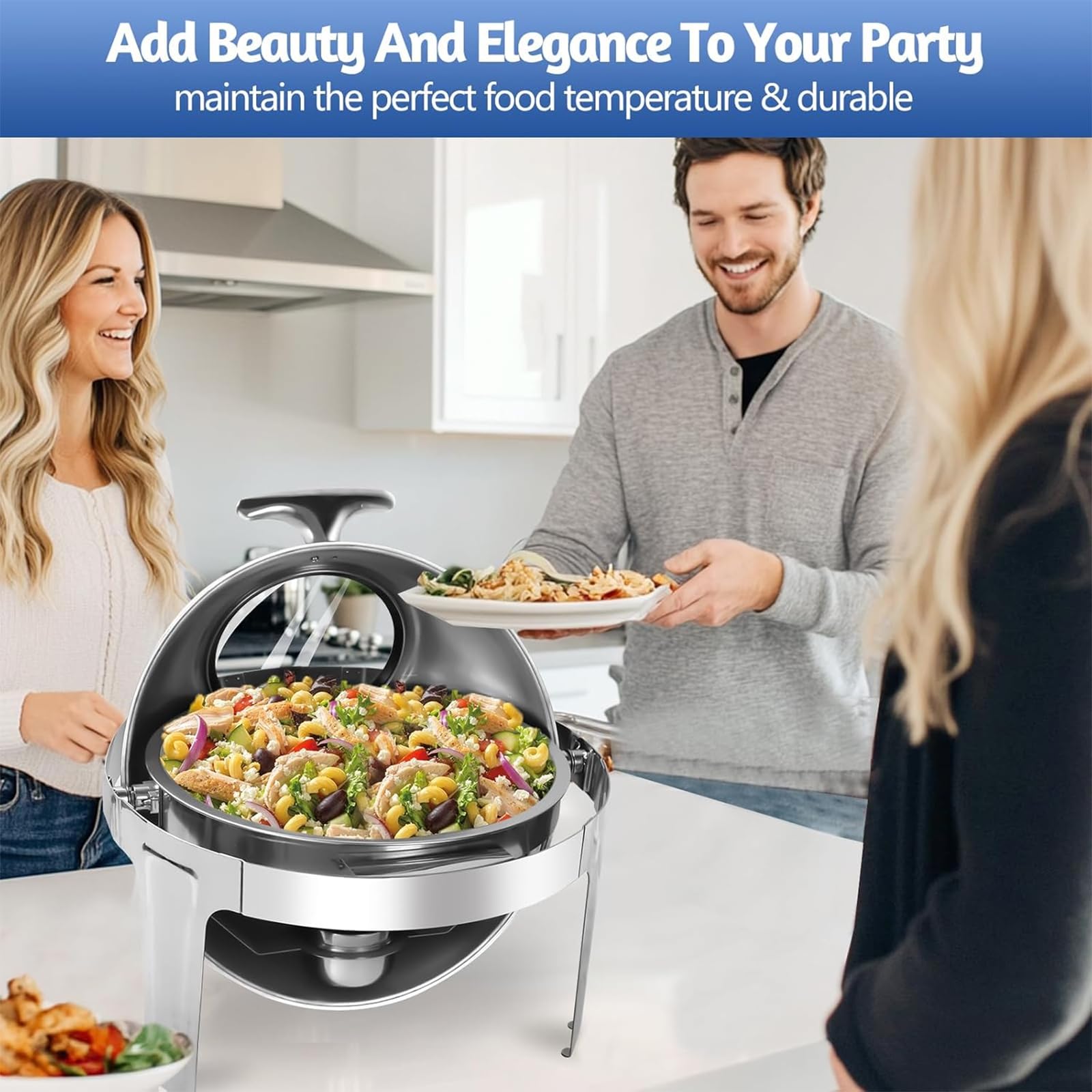 Buffet de plato de frotamiento, calentador eléctrico de alimentos de 6 litros con tapa visible y soportes de combustible, juego de sartenes de acero inoxidable para catering, fiestas, banquetes