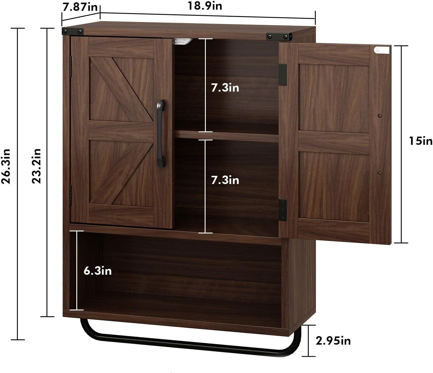 RUSTOWN Farmhouse Wall Storage Cabinet with Two Barn Door, Rustic Mounted Medicine Cabinet with Adjustable Shelf and Towel Bar, 3-Tier Wood Cabinet for Kitchen, Bathroom, Living Room (Dark Walnut)