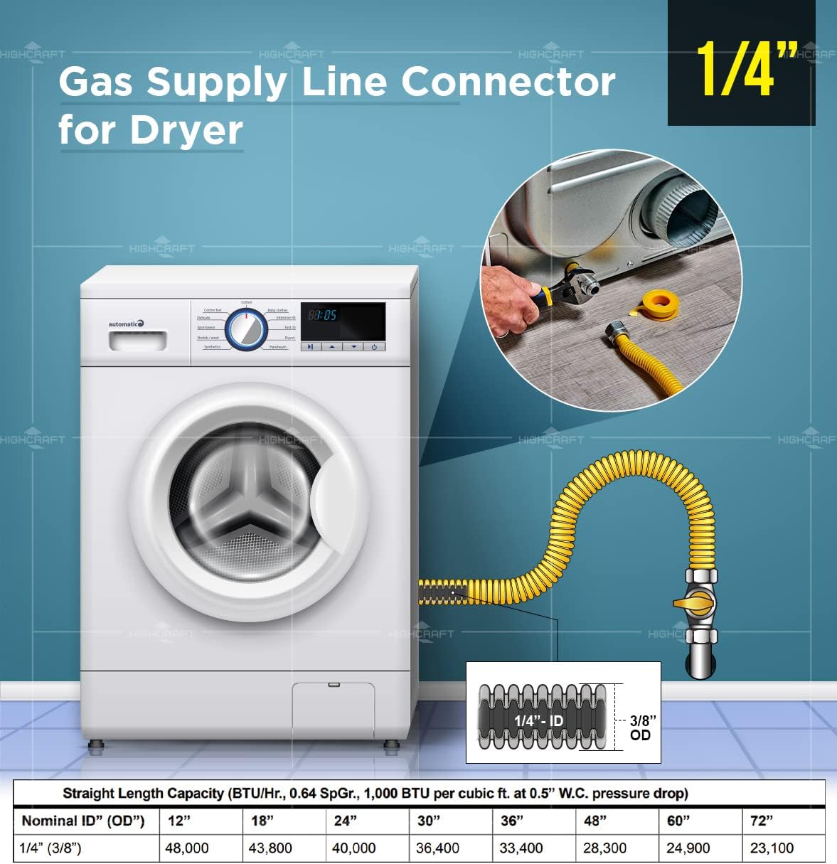 Highcraft GUHD-ZD14-48K Gas Line Hose 3/8'' O.D. x 48'' Length with 0.38 in. FIP x 1/2 in. MIP Fitting, Yellow Coated Stainless Steel Flexible Connector