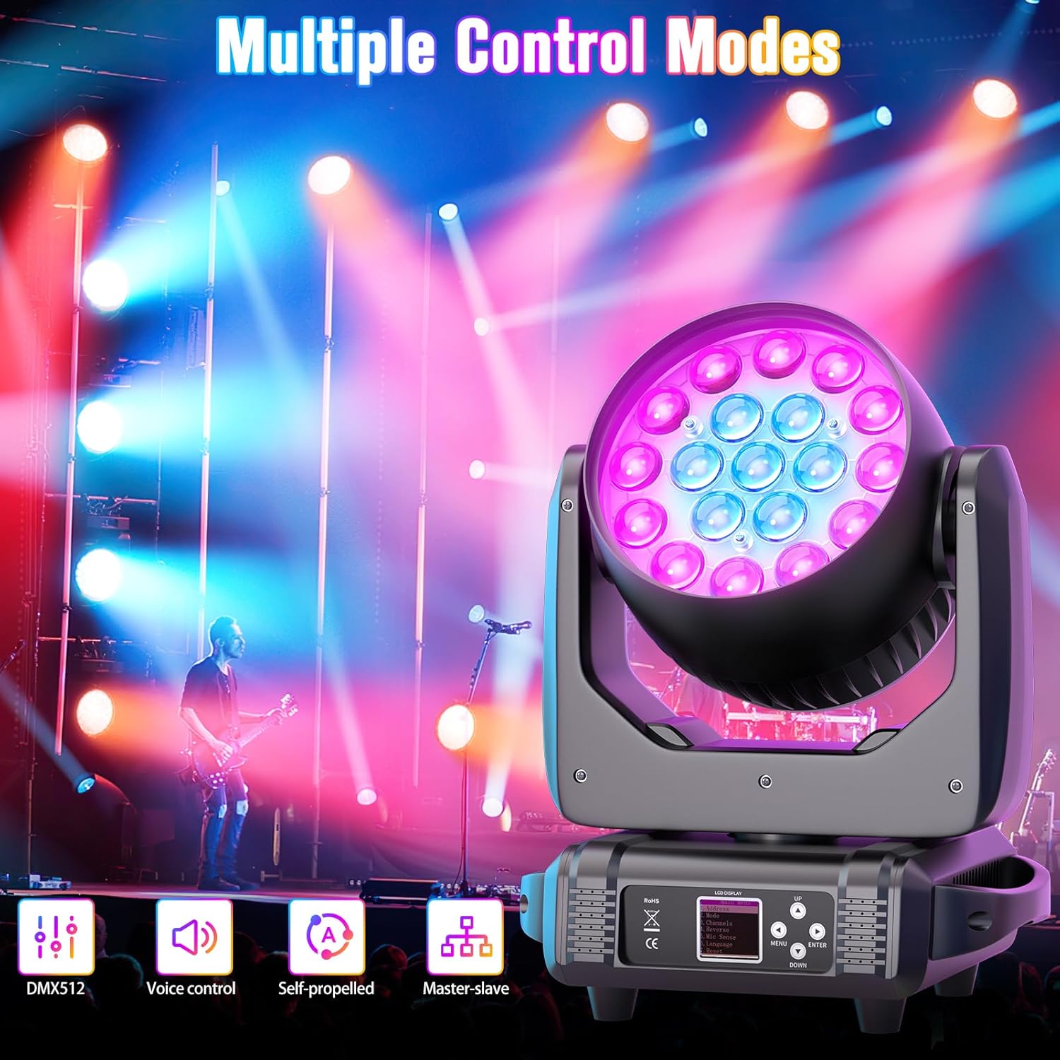 Illustration of multiple control modes: DMX512, Voice control, Self-propelled, Master-slave.